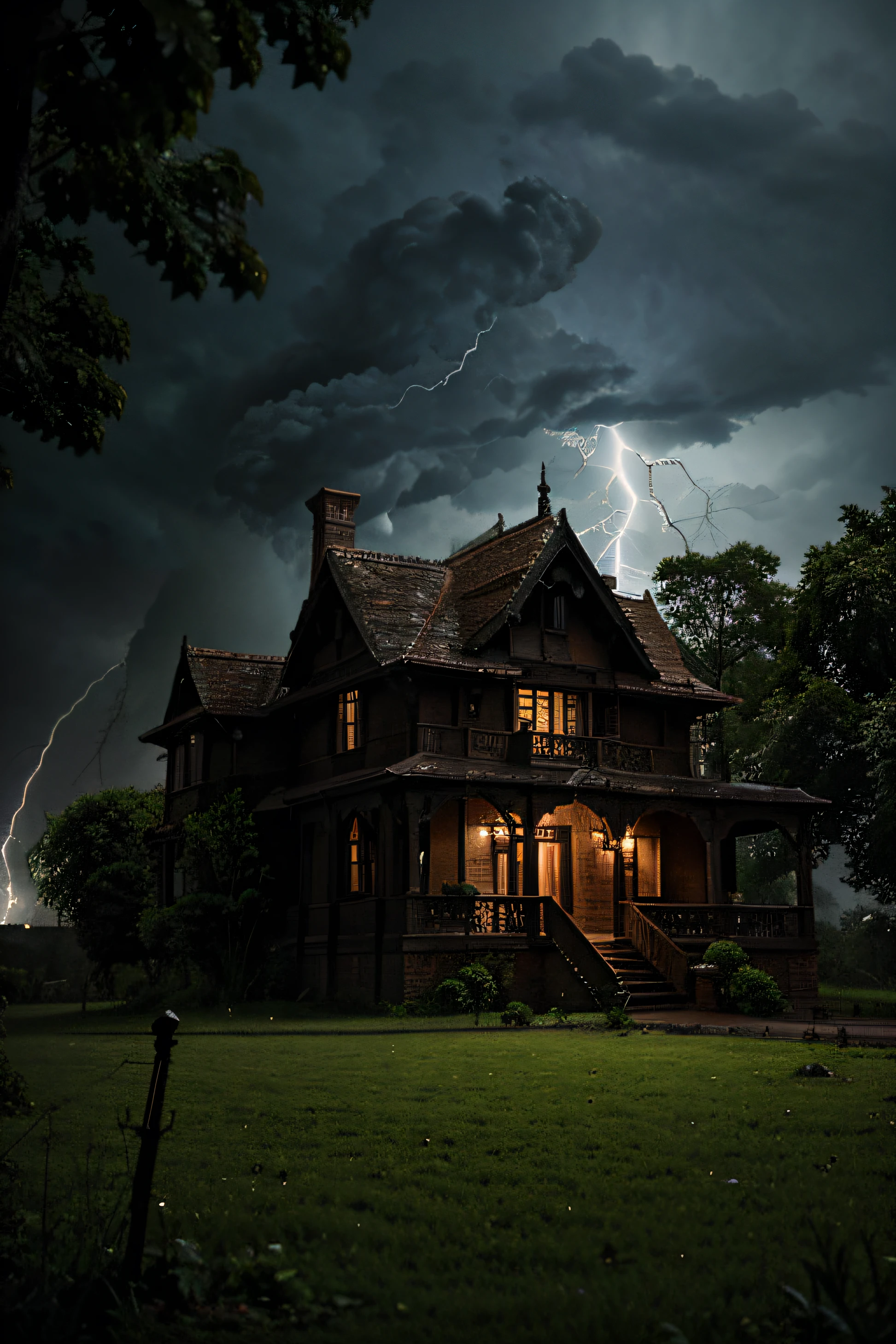 haunted villa , witch peeking from the tree , raining and thunderstrom