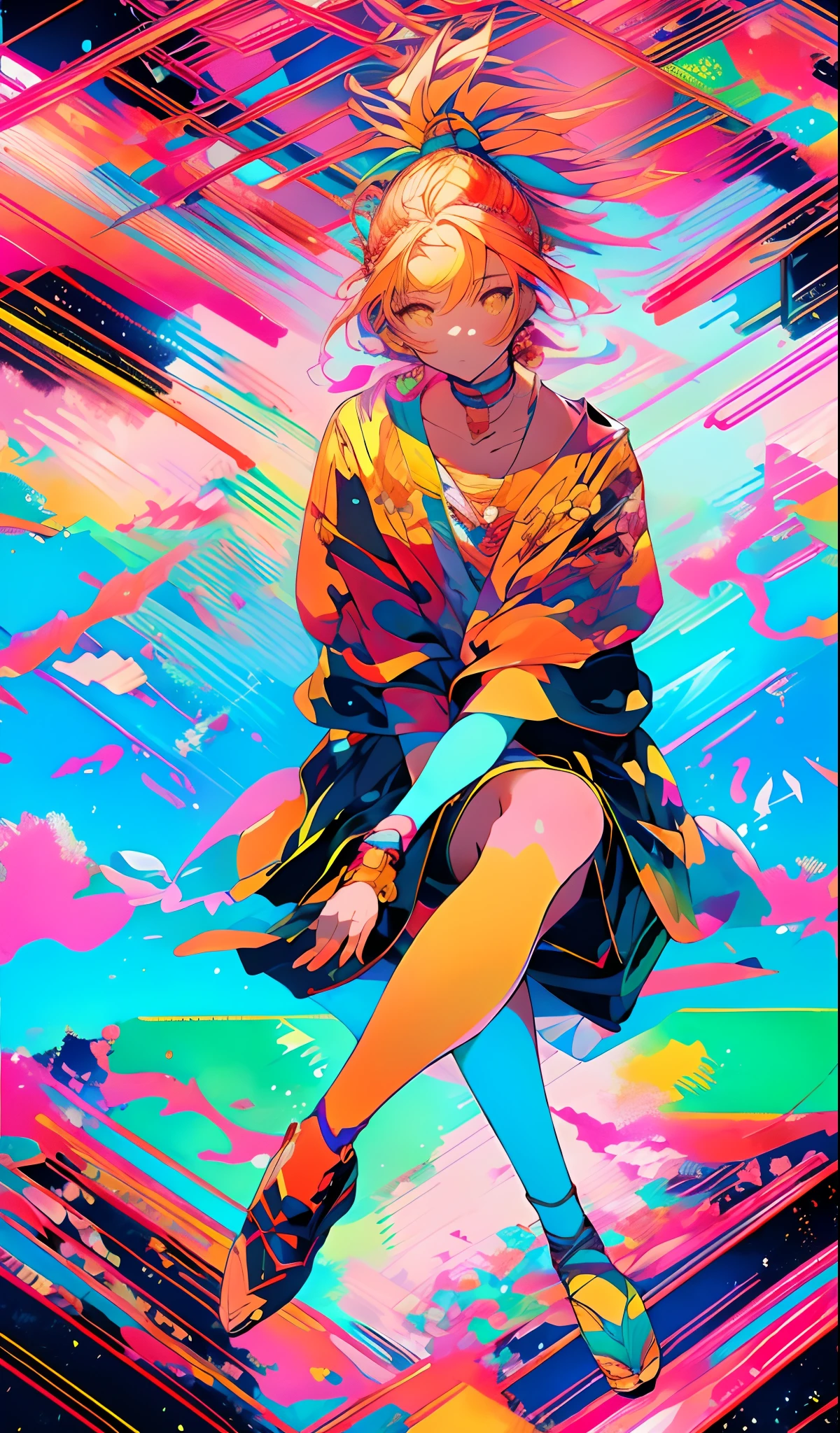 Cat girl with colorful eyes and colorful hair sitting on high scenery in colorful big city, Ponytail Anime Moe Art Style, style of anime4 K, 2 d anime style