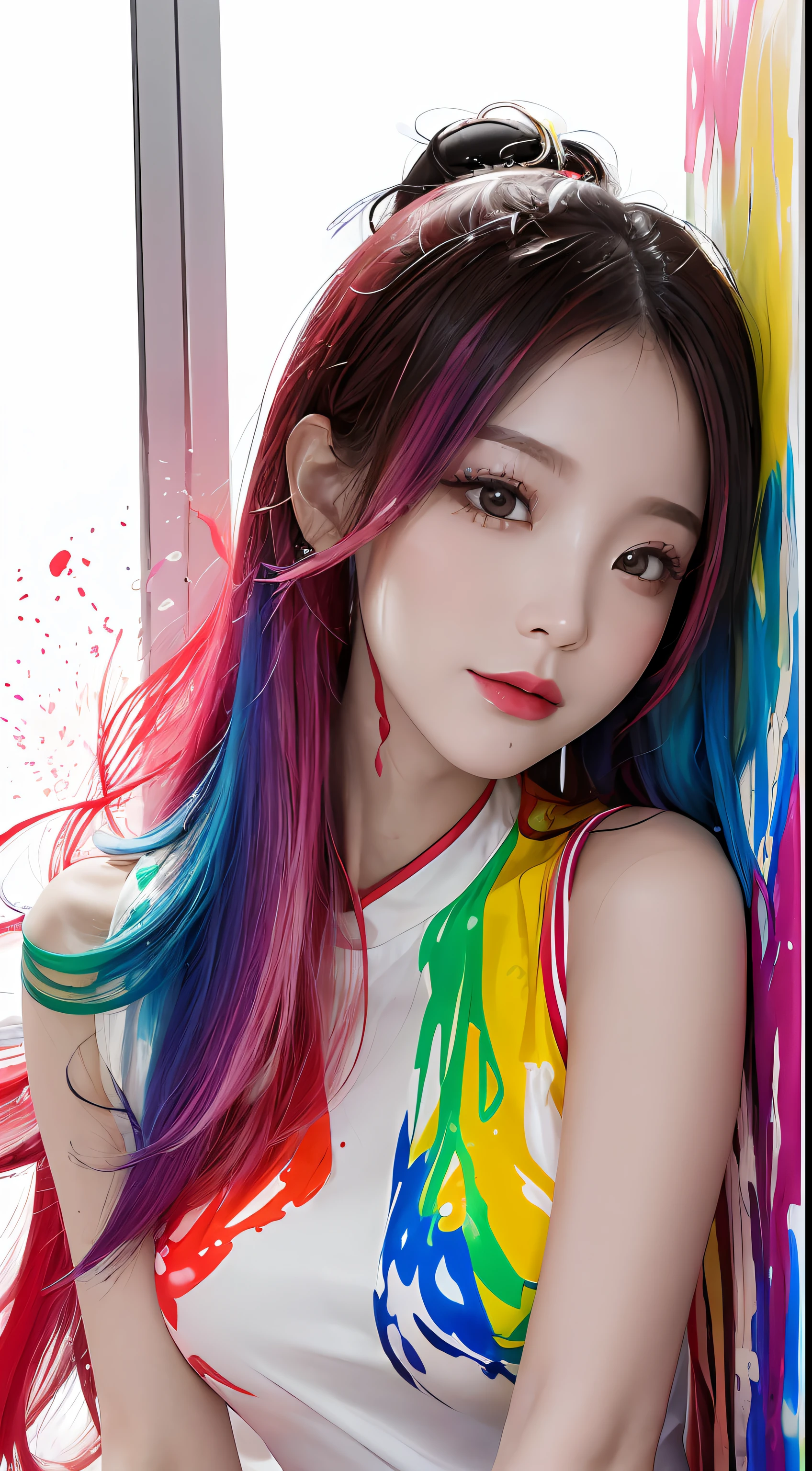 (Masterpiece, Best Quality, High Resolution), White Background, ((Paint Splash, Color Splash, Splash of Ink, Color Splash)),, Sweet Chinese Girl, Rainbow Hair, Peach Lips, Front, Upper Body