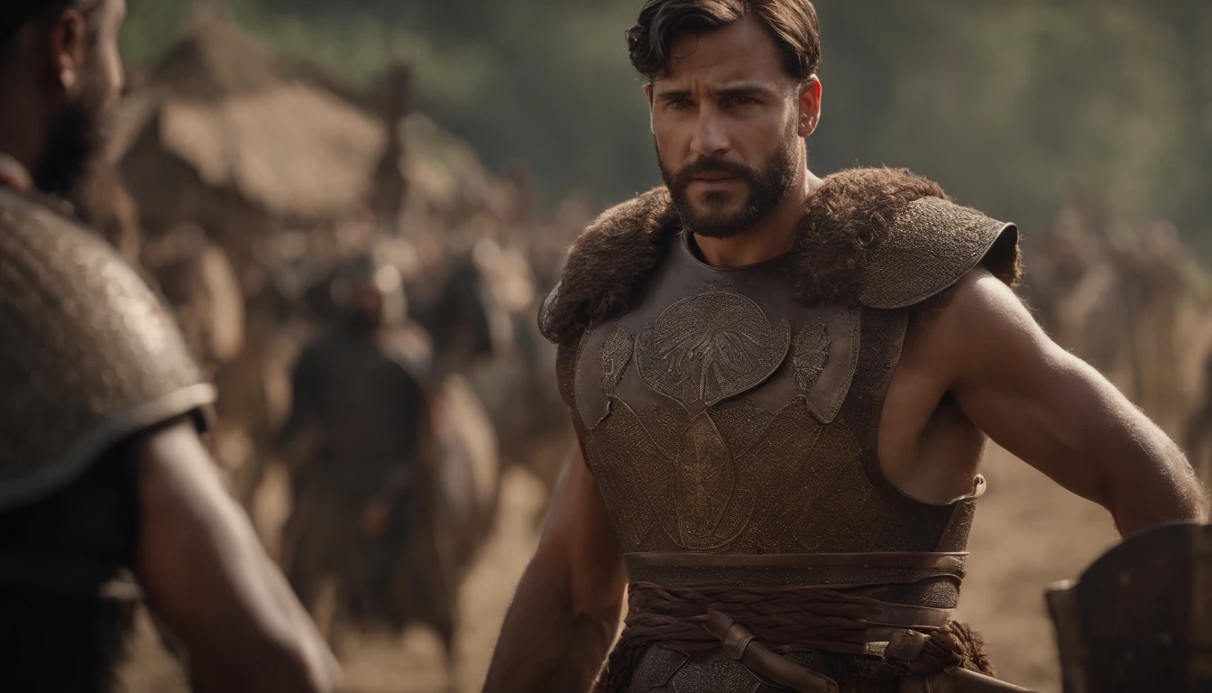 Jovem David com sling vs Goliath Giant, Bible, Realistic, 4k, um de frente pro outro, Giant in War Armor in Bible Times
