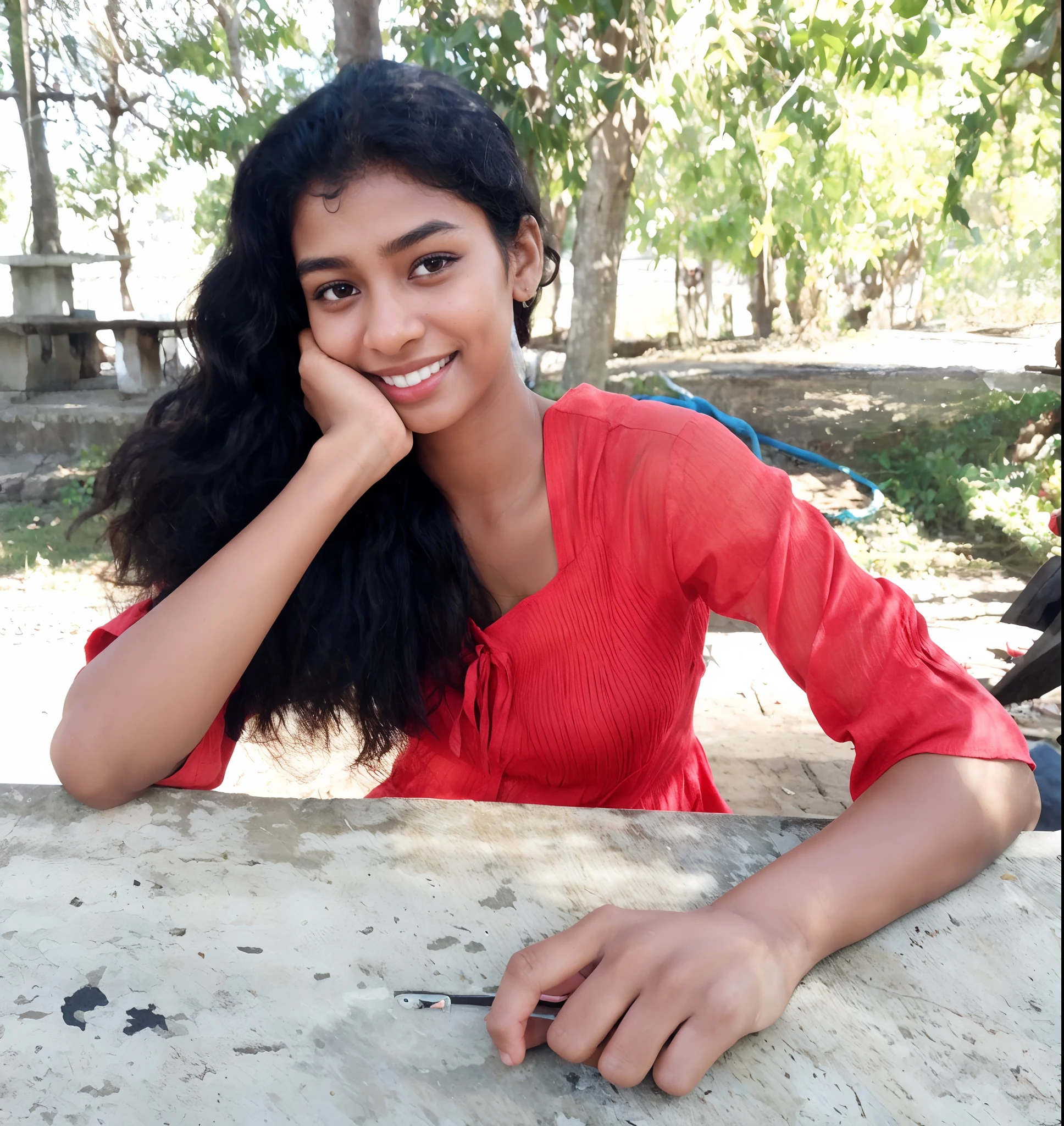 there is a woman sitting at a table, she is about 20 years old, with a beautifull smile, srilankan girl with brown skin, portait image, student, photo of young woman, photo of the girl, artistic pose, very very beautiful, very beautiful, stunning beauty, amazing beauty