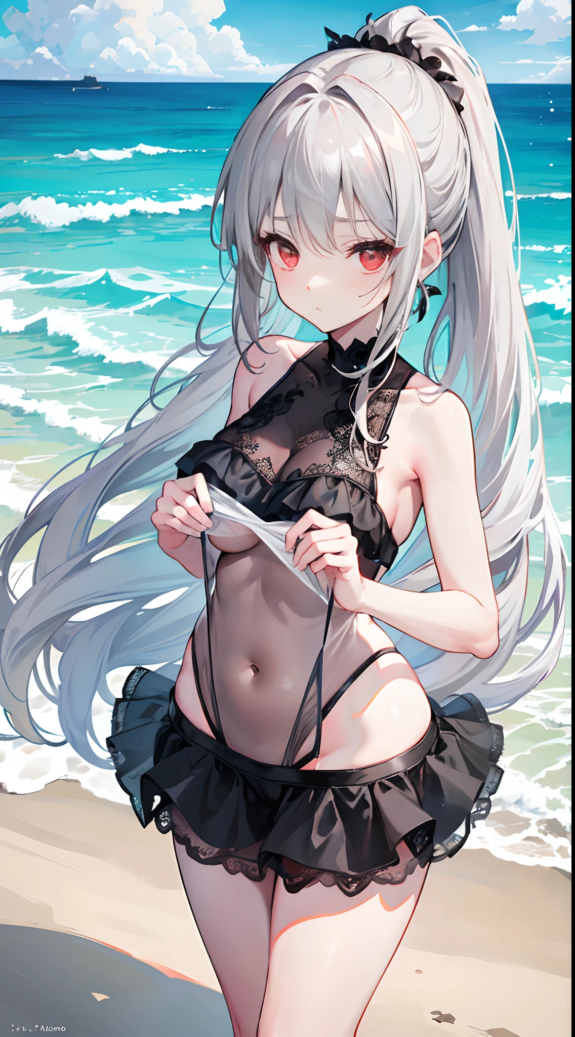 Long gray hair and thighs，With a single ponytail，Brownish-red eyes，Two strands of hair curtain，Extra-large big breasts，Black yoke swimsuit，Black lace tulle short skirt，Look at you dumbfounded，beachside，Endless blue sky and sea，On the beach，People are white，girl