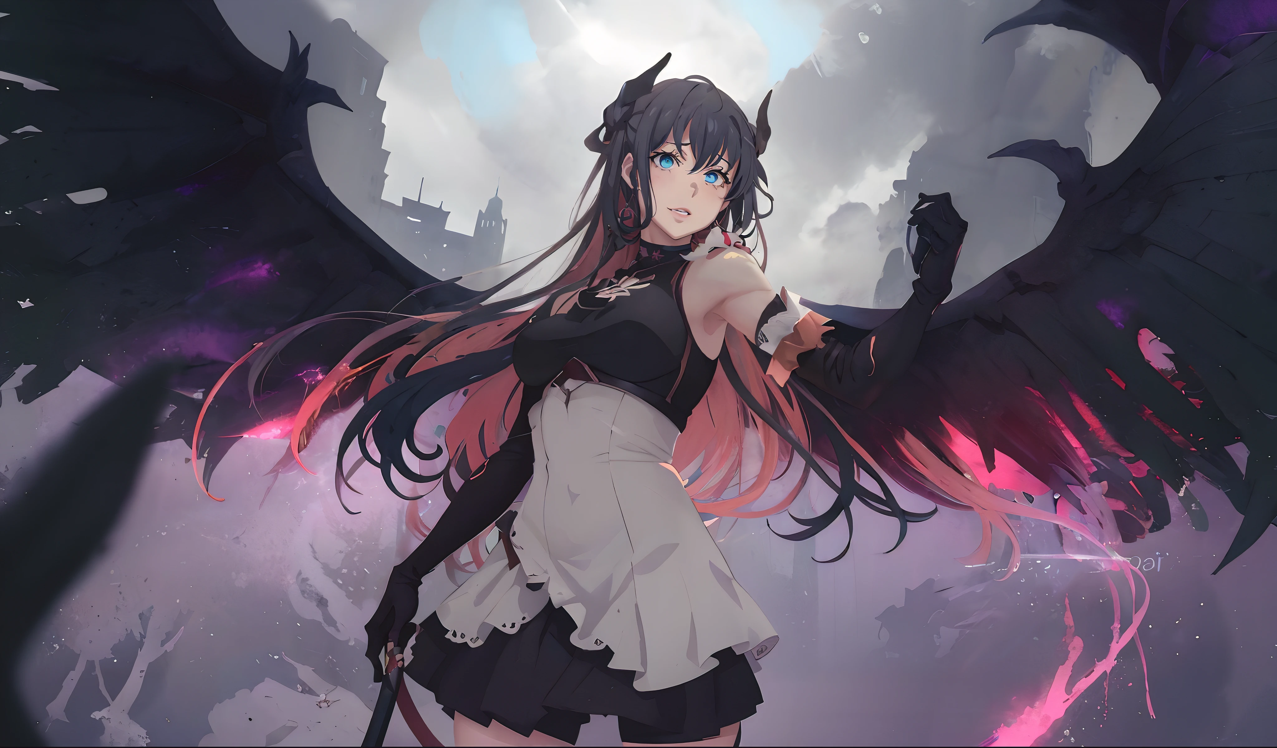 yukinoshita yukino, (long hair, black hair:1.6), blue eyes, heavy breathing, 1girl, solo, breasts, wings,  gloves, looking_at_viewer, skirt, dress, medium_breasts, sleeveless, black_wings, bare_shoulders, black_skirt, cowboy_shot, pleated_skirt, elbow_gloves, detached_sleeves, armpits, hair_ornament, feathers, parted_lips, standing, outdoors, black_gloves, sky, glow effects, godrays, Hand drawn, render, 8k, octane render, cinema 4d, blender, dark, atmospheric 4k ultra detailed, cinematic, Sharp focus, big depth of field, Masterpiece, colors, 3d octane render, 4k, concept art, trending on artstation, hyperrealistic, Vivid colors, extremely detailed CG unity 8k wallpaper, trending on CGSociety, Intricate, High Detail, dramatic"", (anime coloring, anime screencap:1.4)