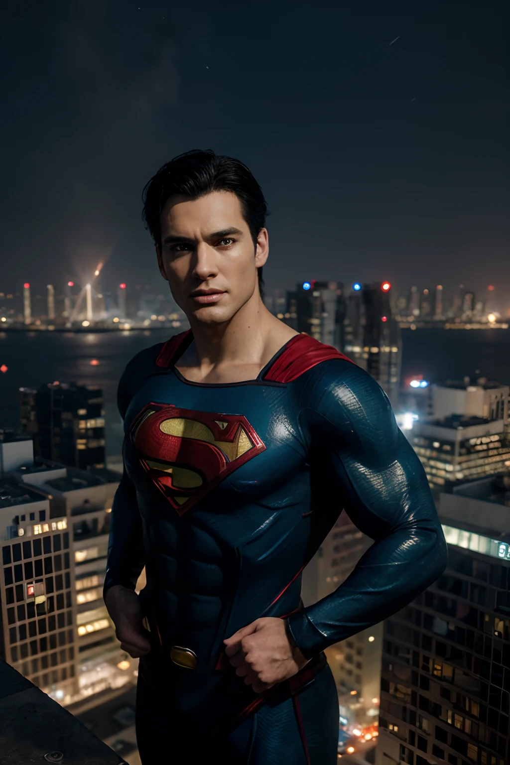 (8K, Top Quality, Masterpiece: 1.2), (Realistic, Photorealistic: 1.37), super detaill, Superman, wide high angle view, night city, 电影灯光