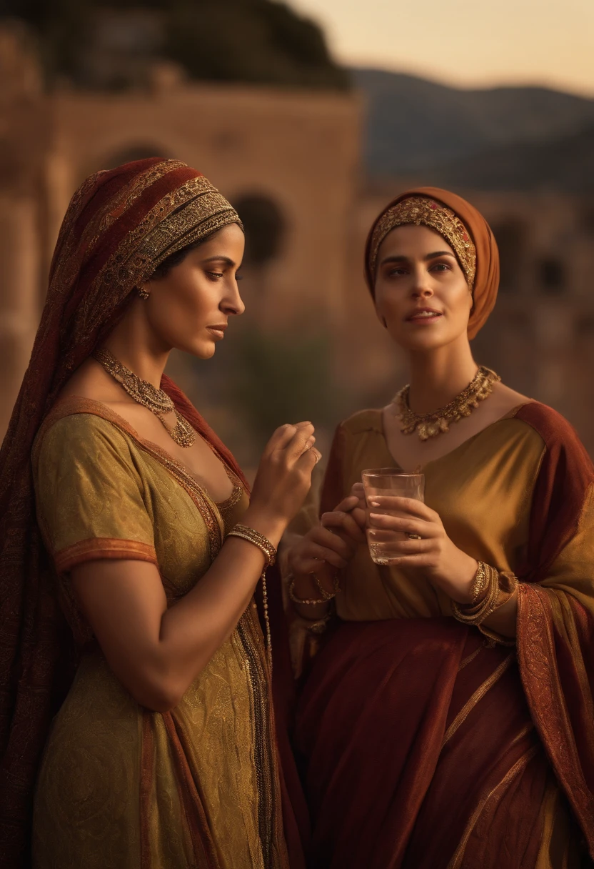 Por favor, Create a hyper-realistic photographic image of two women wearing Muslim clothing, com os cabelos cobertos, in a scene set at the time of the Roman Empire. Women are in the middle of a conversation, com semblantes radiantes de felicidade. Their gazes are directed towards each other, Conveying an emotional connection. The photography is extremely realistic, with specular illumination, volumetric facial light, and visible shadows. The picture is intricate, Elaborate and hyper-realistic, capturing the joy and interaction between the characters in a historical context. A cena evoca uma atmosfera de harmonia e amizade, inspired by the cultural richness of the time of the Roman Empire, Based on the biblical character [insira o nome da personagem, if applicable].