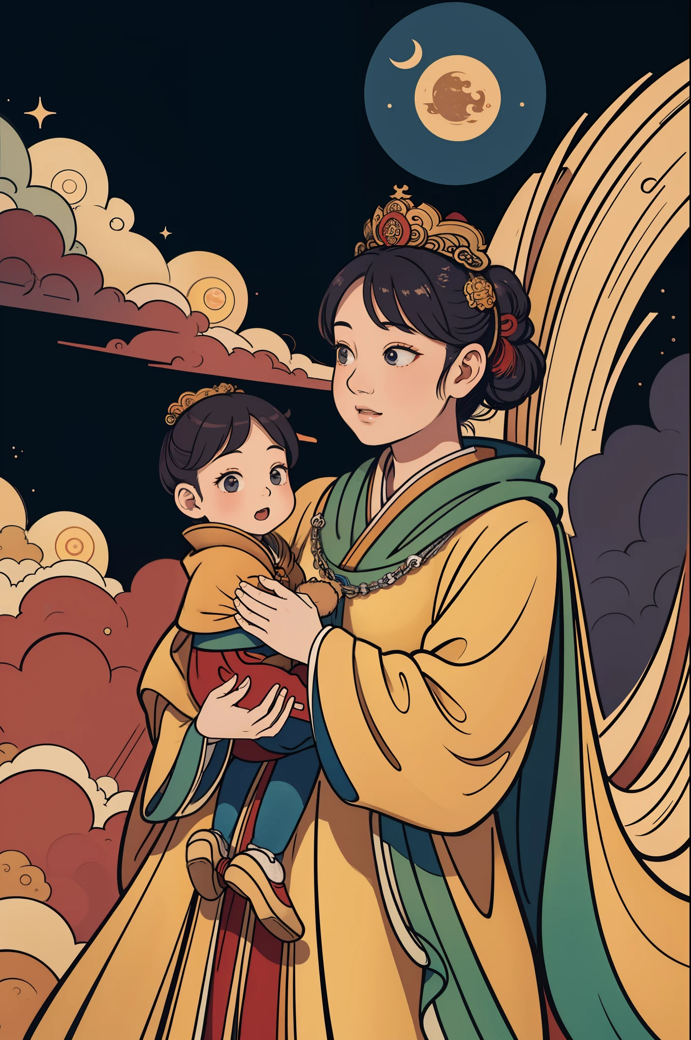 The beautiful 16-year-old Chinese hoàng hậu holds a little hoàng đế wearing shavings in her arms, Straight eyes, radiating a brilliant aura, Rosary handle: 1.5),  Crown Team, (Systemic: 2.0), full body: 2.0, glowing cloak, Standing on the Moon