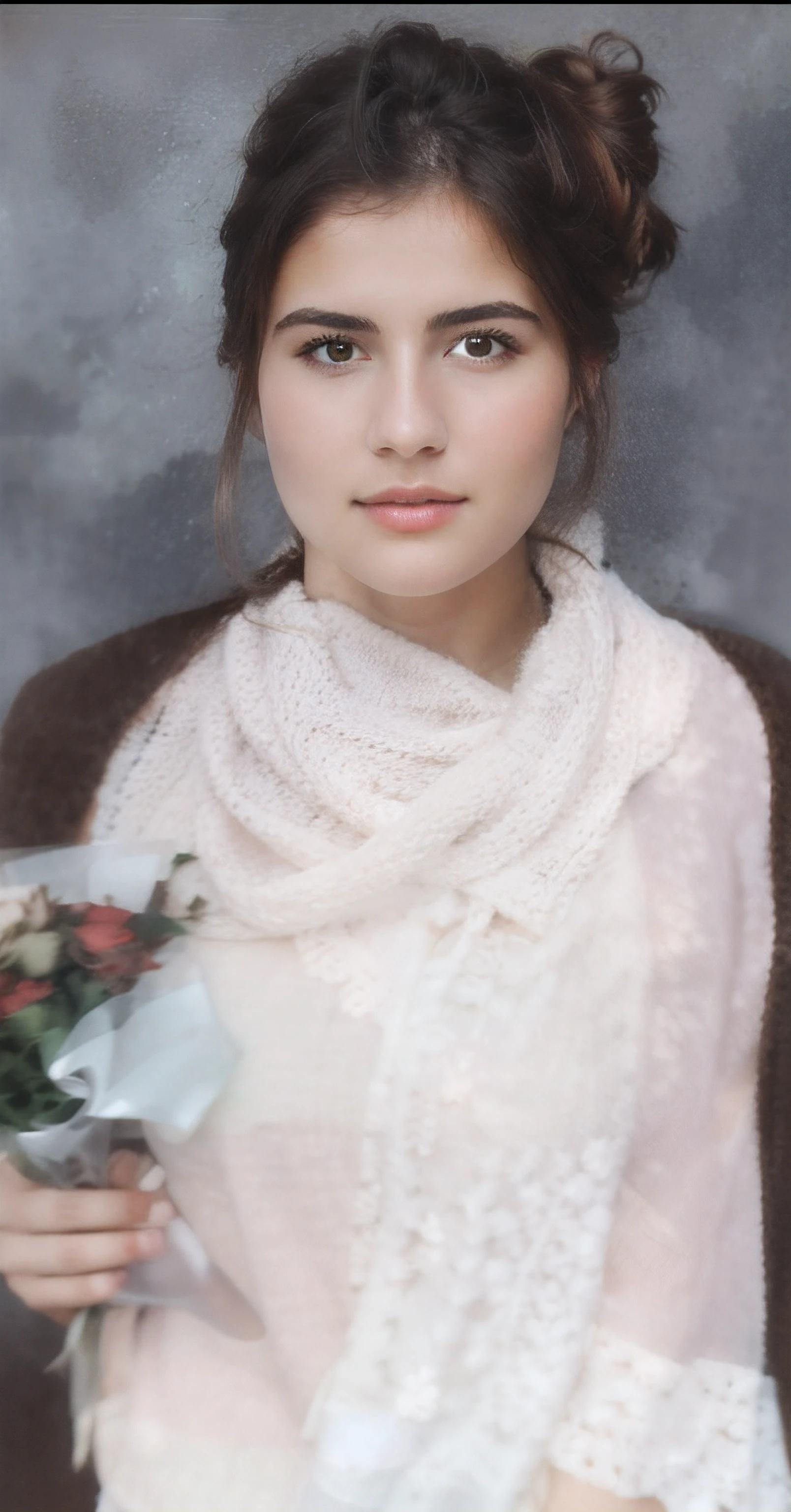 22 year old woman holding a bouquet of flowers, She has brown hair and wears a white scarf on the left side and a brown scarf on the right, olhos castanhos, fair skin with rosacea, bochecas coloridas, tem uma casaco castanho e uma tshirt branca por baixa de renda, raw photo, amazing photograph, best quality, 8K, high quality, Ultra detailed, (best quality), (high detailed skin, full sharp:1.2), 8k uhd, dslr, detailed face