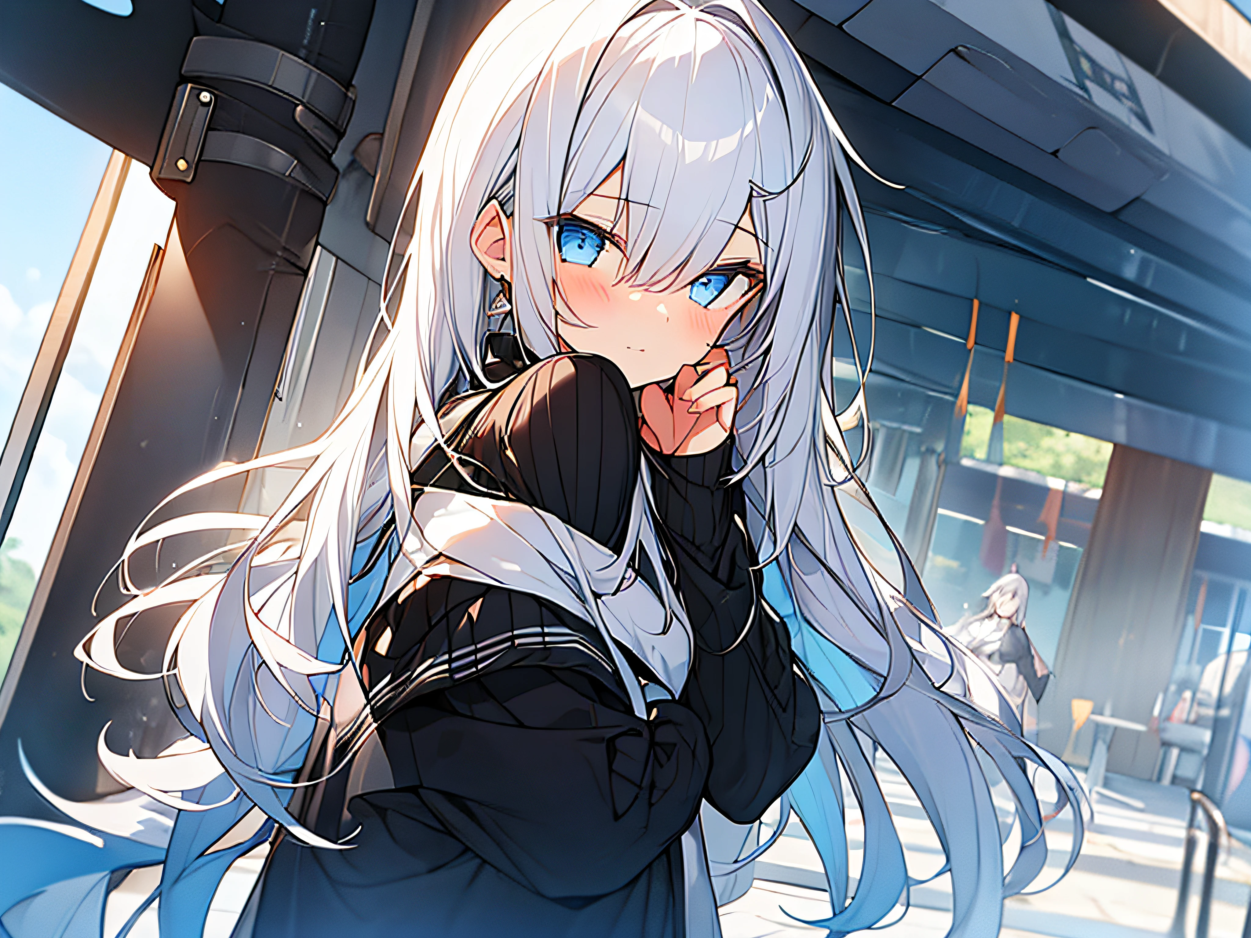 girl with,Cute clothes,white hair,Blue eyes,Looking here