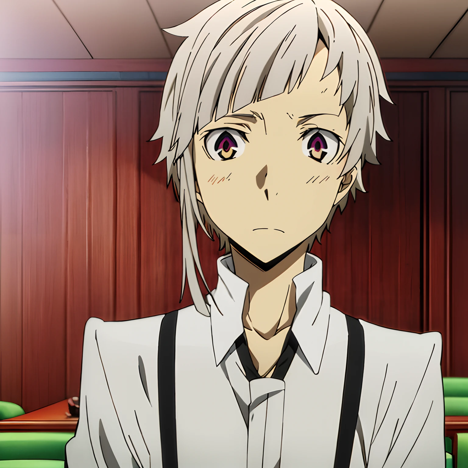 masutepiece, Best Quality, 超A high resolution, top-quality, Anime style, Atsushi Nakajima, One Man, White hair, suspenders, Black tie