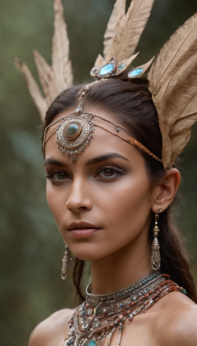 La mejor calidad ,Obra maestra multicolor, ultra-high-resolution, (realistic photograph:1.4),Skin Brown Beautiful Goddess Humanoid Cybernetic Indian Model ,surrealismo, Similar to a dream, FusionArt, Humanoid Indian Mystic Elves, Ethereal Magic Elves , Dream of humanoid elves , Cybernetic magic, Tono de sombra, Hechizos de elfo, Cristales, Detalles asombrosos, Indigenous Futurism