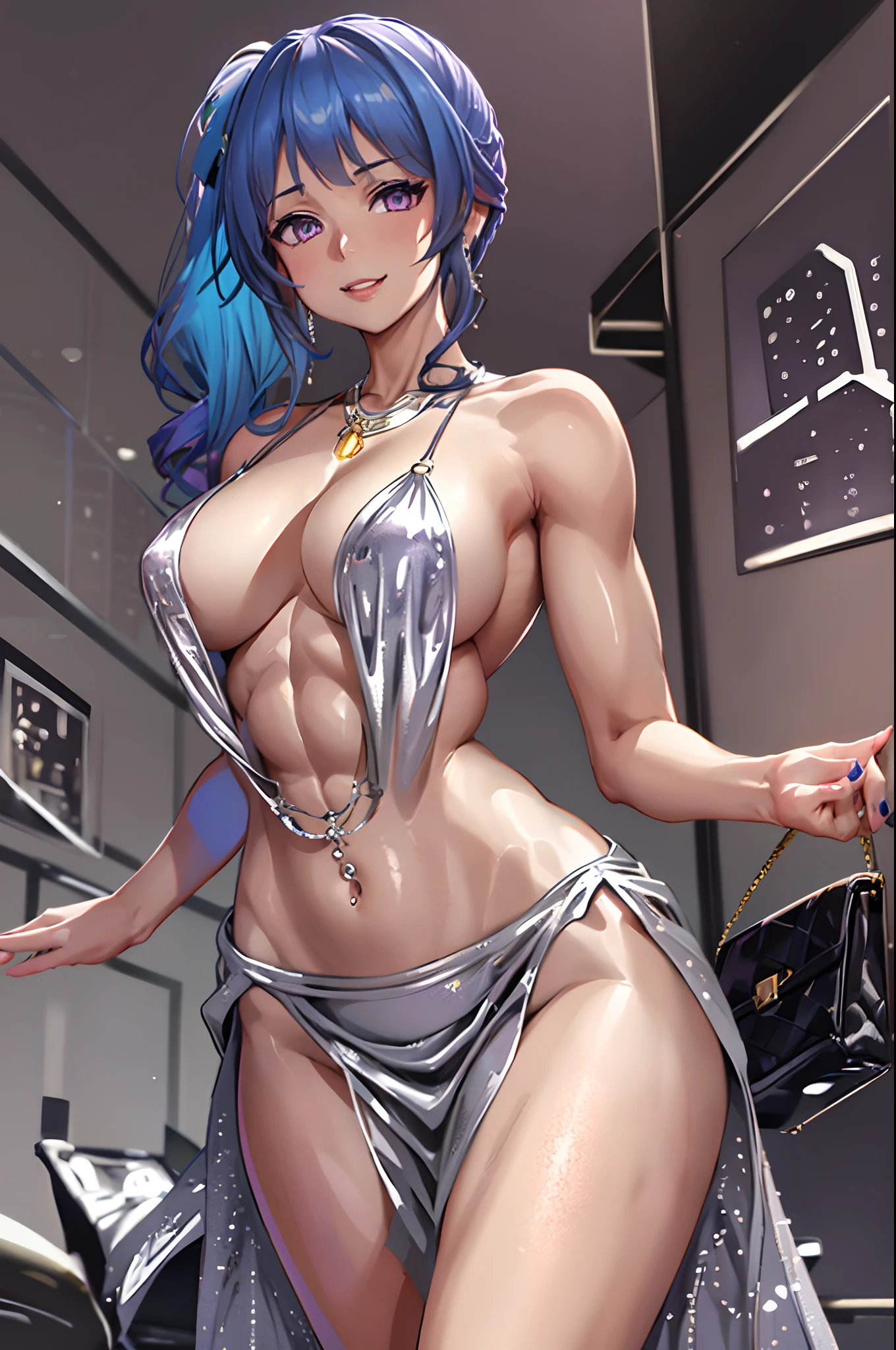 best quality, masterpiece, solo, {st louis_azurlane:1.15}, blue hair, bangs, sidelocks, breasts, large breasts, side ponytail, blush, long hair, cleavage, purple eyes, hair ornament, smile, hair between eyes, jewelry, pink eyes, 1girl, backless dress, backless outfit, bare shoulders, dress, evening gown, halter dress, halterneck, necklace, plunging neckline, revealing clothes, silver dress, earrings, grey dress, hairclip, looking at viewer, thighs, parted lips, nail polish, (abs:1.4), (muscular:1.4), (navel piercing:1.4)