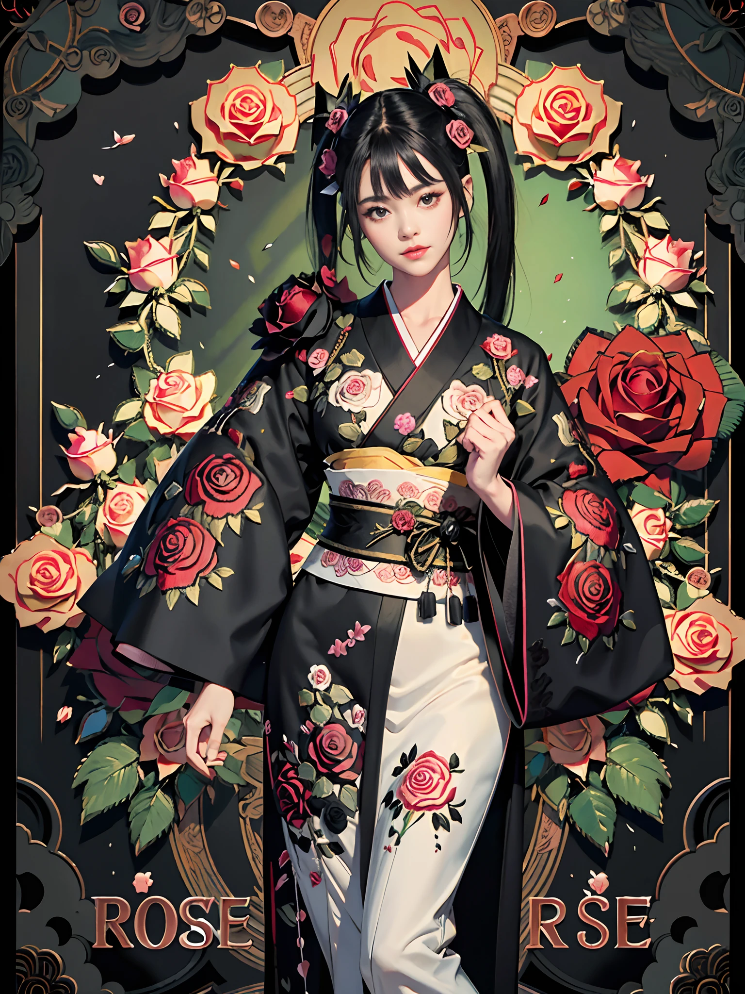 rokoko:1.5,Background of details(Japanese garden(Rose:1.5)),BREAK ,elaborate costume(Luxury kimono(Black kimono(detailed embroidery(Black rose embroidery:1.2)))),BREAK,1 Beautiful and classy adult woman(Japanese actressl:1.2)(shinny hair(A black,verdant),(poneyTail:1.2))(Arms outstretched),BREAK,Wallpapers 16K,Blur the background,(masutepiece:1.5), (Best Quality:1.5),(Portrait photos:1.5),(full body Esbian:1.5)