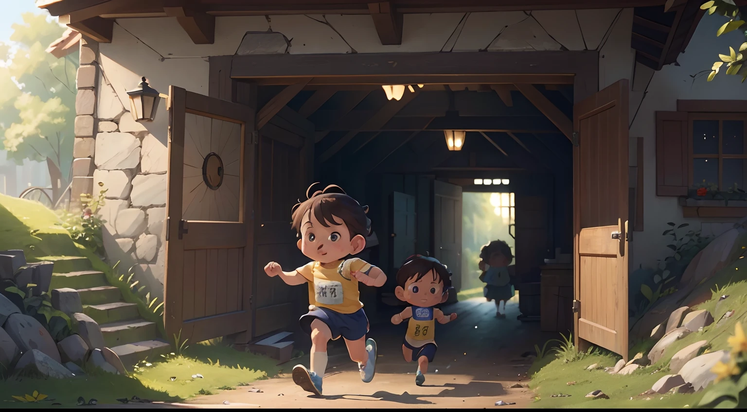 The child starts running at the starting line,The sun shone in intermittently,(tmasterpiece),Extremely detailed picture details,The picture is clearly layered,ultra HD picture quality,(8k wallpaper),(CG),(Fairy tale style)