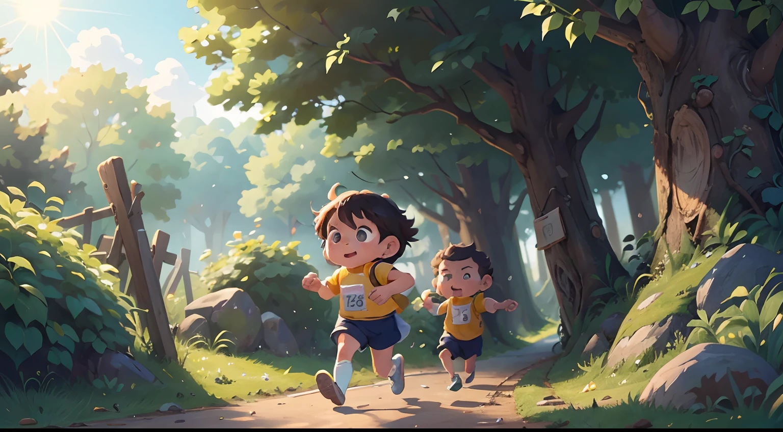 The child starts running at the starting line，The sun shone in intermittently，（tmasterpiece），Extremely detailed picture details，The picture is clearly layered，ultra HD picture quality，（8k wallpaper），（CG），(Fairy tale style)