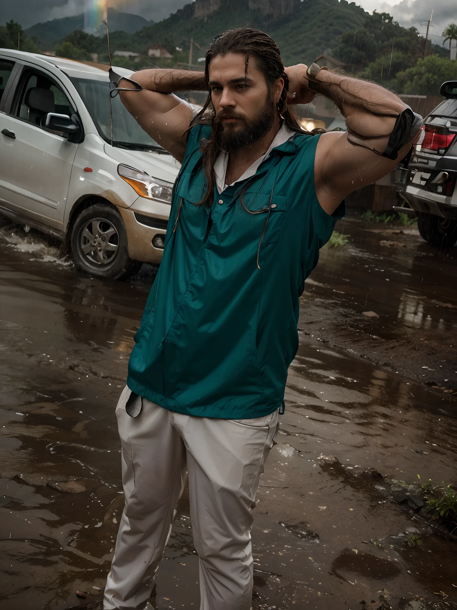 Background change into Monsoon weather with rainbow with thunder handsome men with long hair and beard in wet cloths realstick photo realstick 8k photos