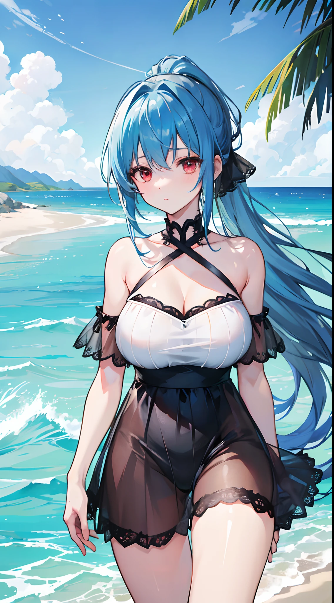 Long sky-blue hair and thighs,With a single ponytail,Brownish-red eyes,Two strands of hair curtain,Extra-large big breasts,Black yoke swimsuit,Black lace tulle short skirt,Look at you dumbfounded,beachside,Endless blue sky and sea,On the beach,People are white,girl