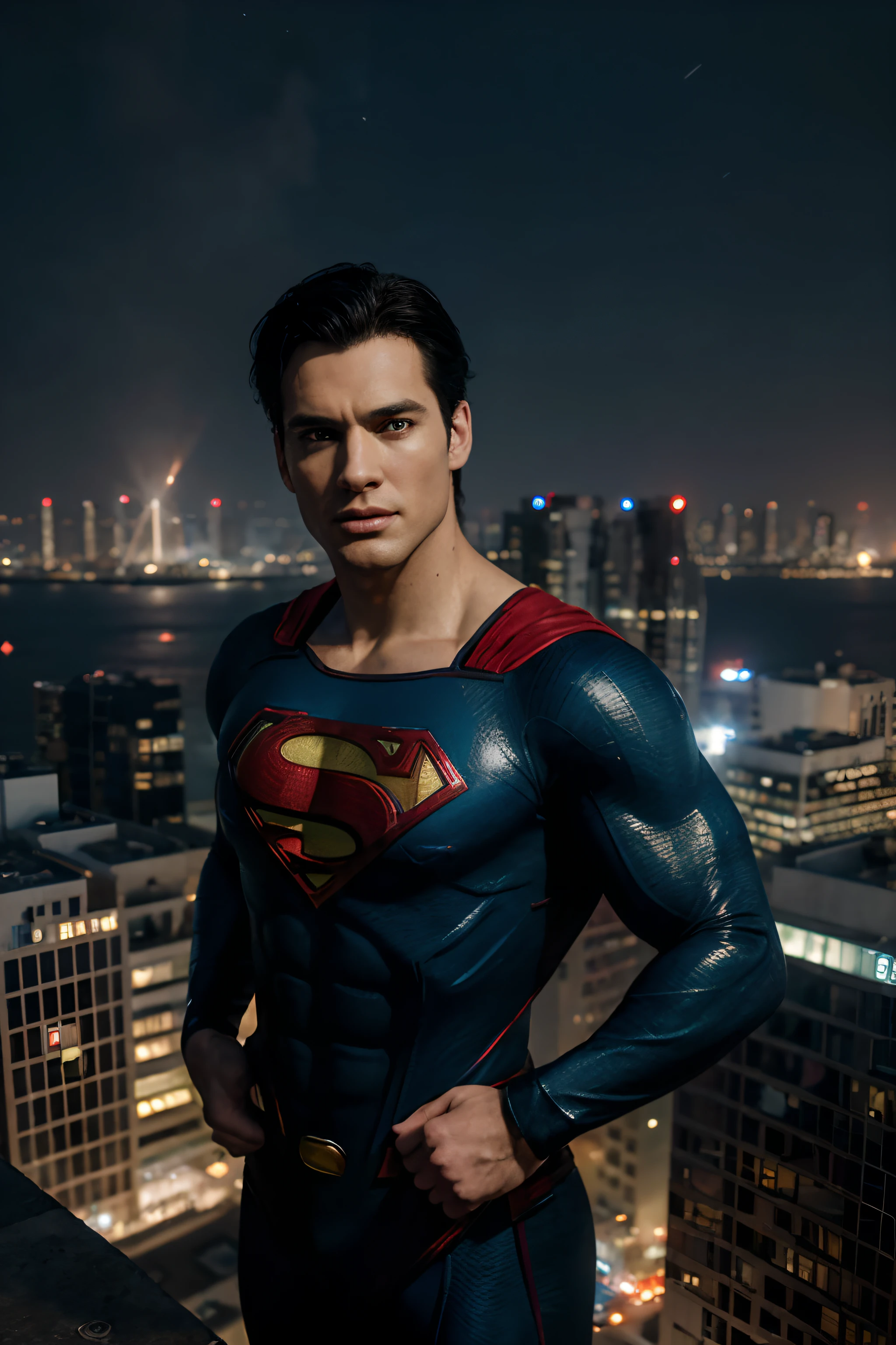 (highres,ultra-detailed),Super man fused with mega man,portraits,realistic,mixed character,sharp focus,colorful lighting,physically-based rendering,professional,superhero,armor,suit,futuristic city,glowing eyes, wearing clear rectangle browline glasses,powerful pose,action-packed scene,vibrant colors,energy blasts,electricity sparks,metallic textures,shiny surfaces,dynamic composition,urban backdrop,high-tech gadgets,advanced technology,flying,super strength,heroic,brave,confident,protecting the city,captivating artwork.