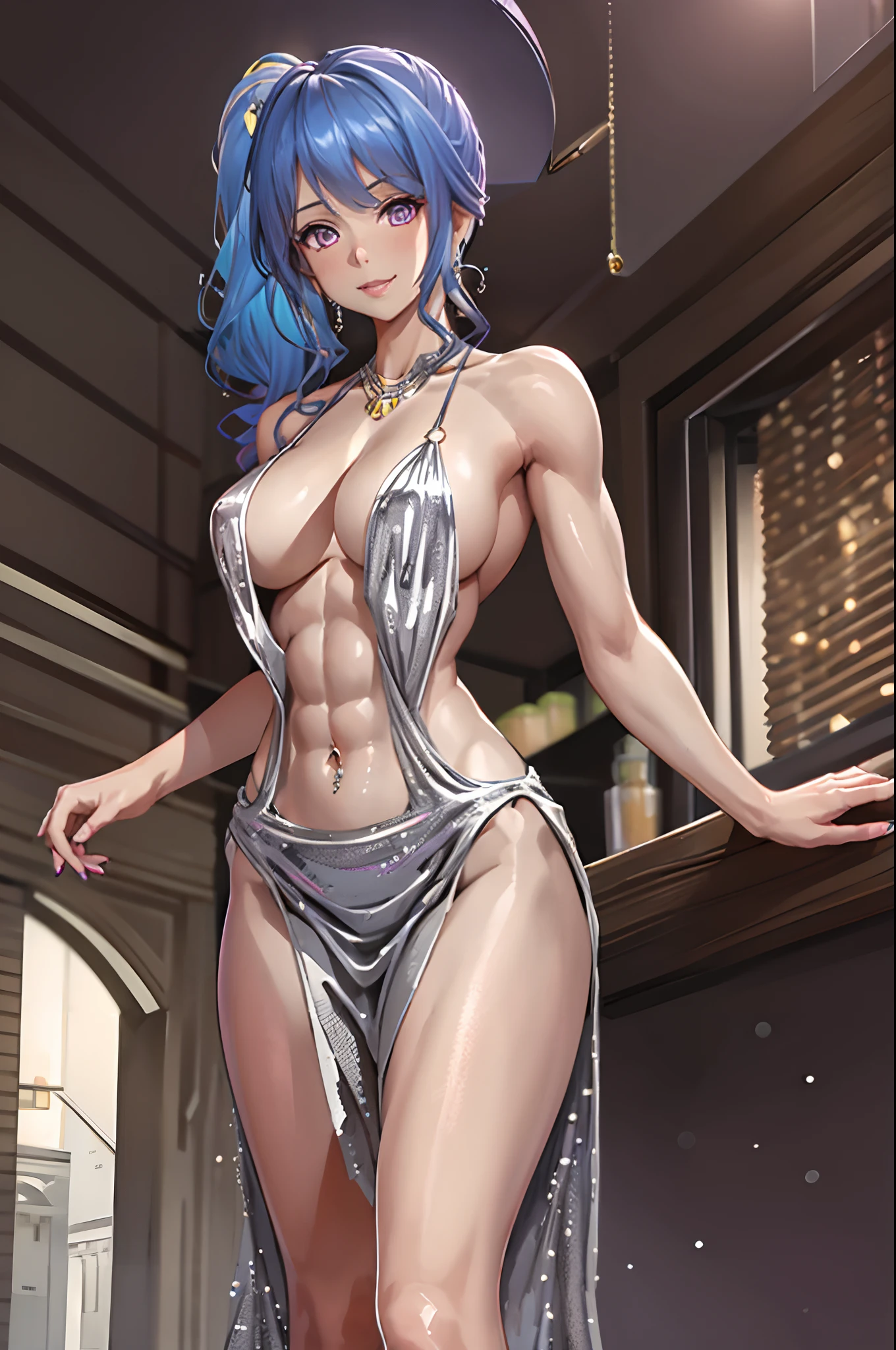 best quality, masterpiece, solo, {st louis_azurlane:1.15}, blue hair, bangs, sidelocks, breasts, large breasts, side ponytail, blush, long hair, cleavage, purple eyes, hair ornament, smile, hair between eyes, jewelry, pink eyes, 1girl, backless dress, backless outfit, bare shoulders, dress, evening gown, halter dress, halterneck, necklace, plunging neckline, revealing clothes, silver dress, earrings, grey dress, hairclip, looking at viewer, thighs, parted lips, nail polish, (abs:1.4), (muscular:1.4), (navel piercing:1.4)