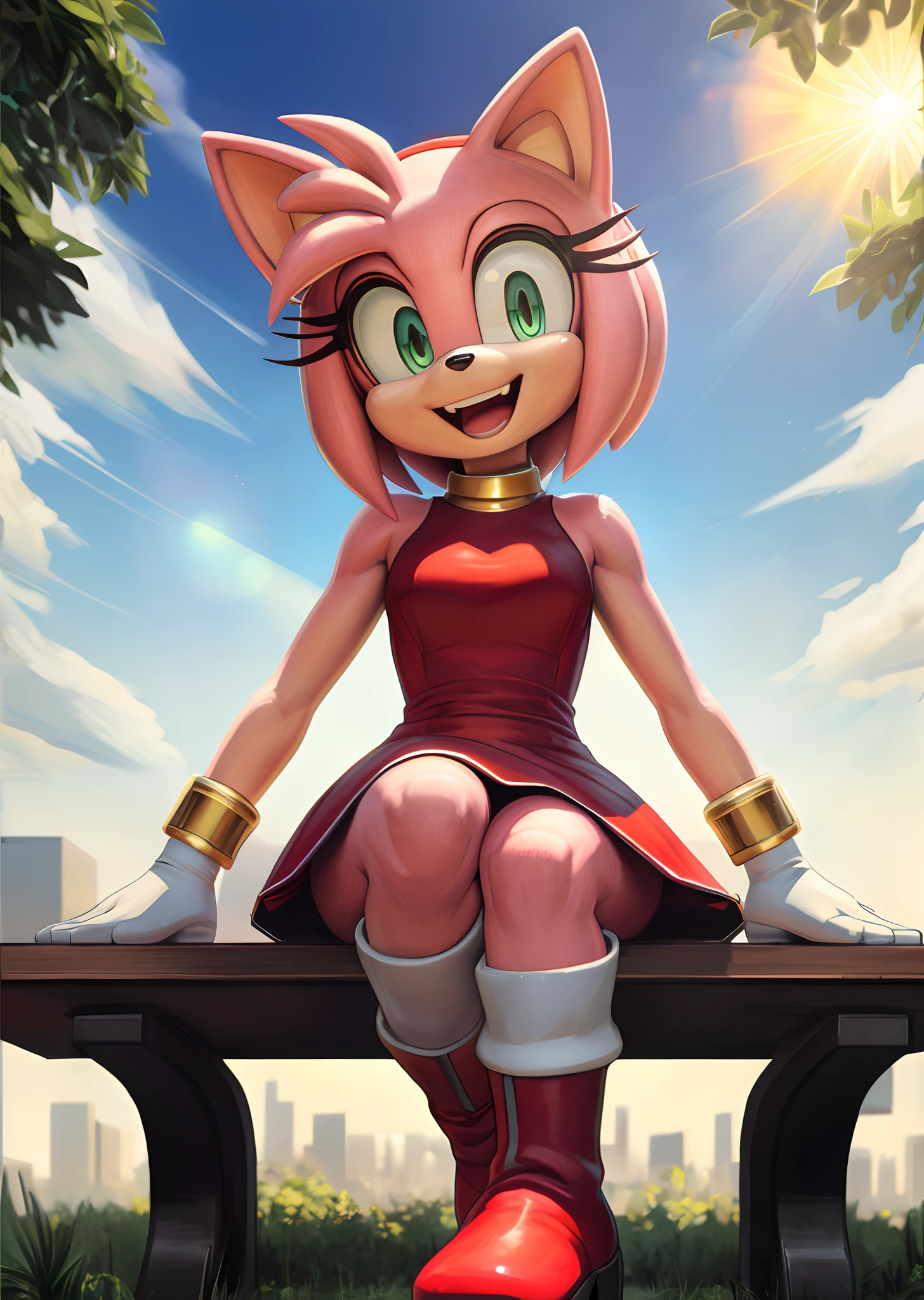 [Amy Rose], [sonic the hedgehog \(series\)], [Uploaded to e621.net; (Pixelsketcher), (wamudraws), (napalm_express)], ((masterpiece)), ((HD)), ((high quality)), ((solo portrait)), ((front view)), ((full body)), ((detailed fur)), ((detailed shading)), ((cel shading)), ((beautiful render art)), ((intricate details)), {anthro, (slim figure), (pink fur), black nose, animal ears, cute green eyes, short hair, headband, short tail, (gorgeous hips), (beautiful legs), (seductive gaze), (excited smile), (mouth open)}, {(short red dress white lining), (red knee-high boots), (white stripes on boots), (gold wristbands)}, {(sitting on bench), (arms at side), (legs crossed), (looking at viewer)}, [background; (city), (park), (blue sky), (sun rays)]