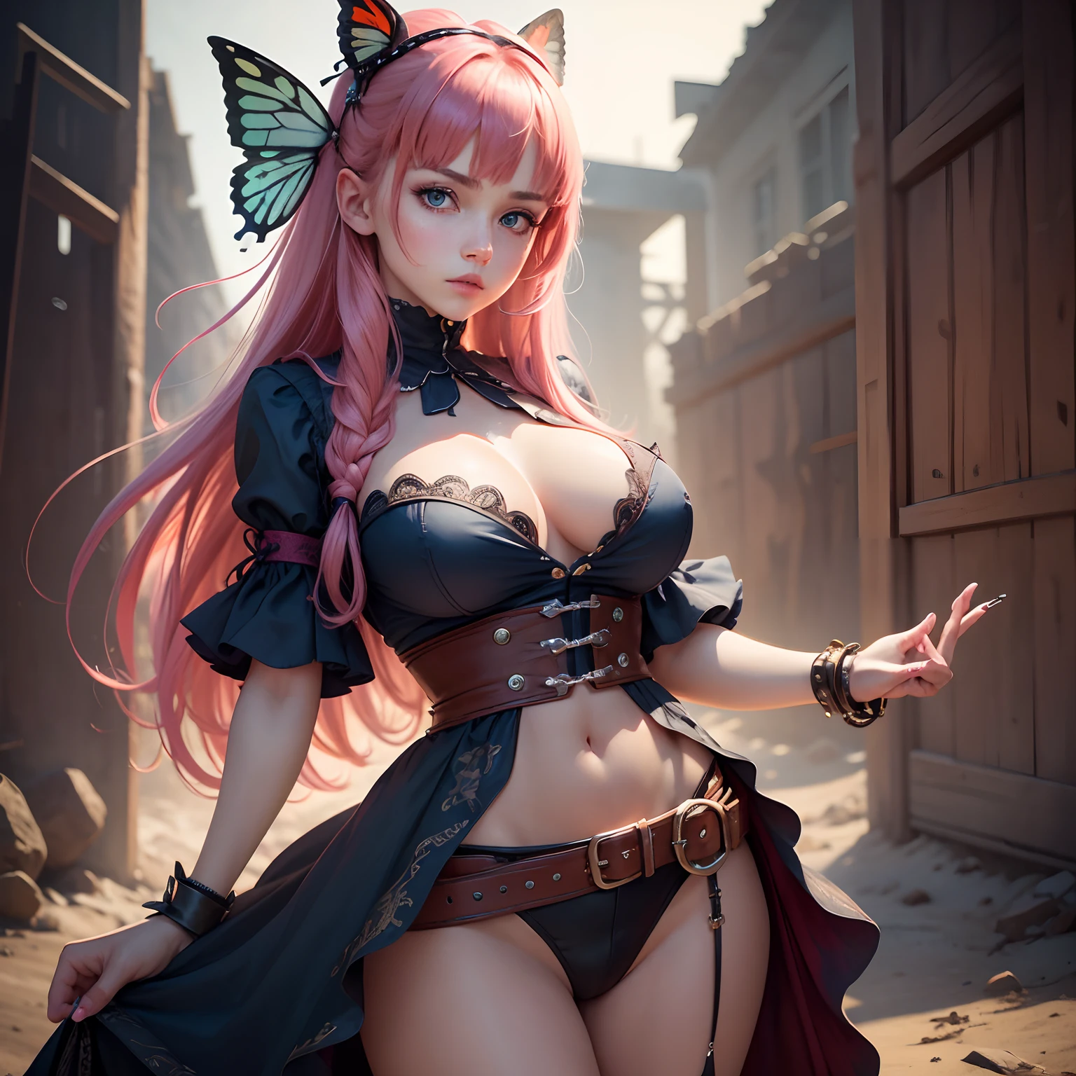 8k, masterpiece, best quality, realistic, higly detailed, cowboy shot, 1girl, solo, Nino, cute, cold-looking girl, waist-length straight hair, square bangs hanging over eyebrows, reddish-pink hair, twin butterfly-shaped ribbons on both sides of head, dark blue eyes, average height, well-endowed figure, large breasts, fashionable girl, various cute accessories, takes care of nails, Necromancer