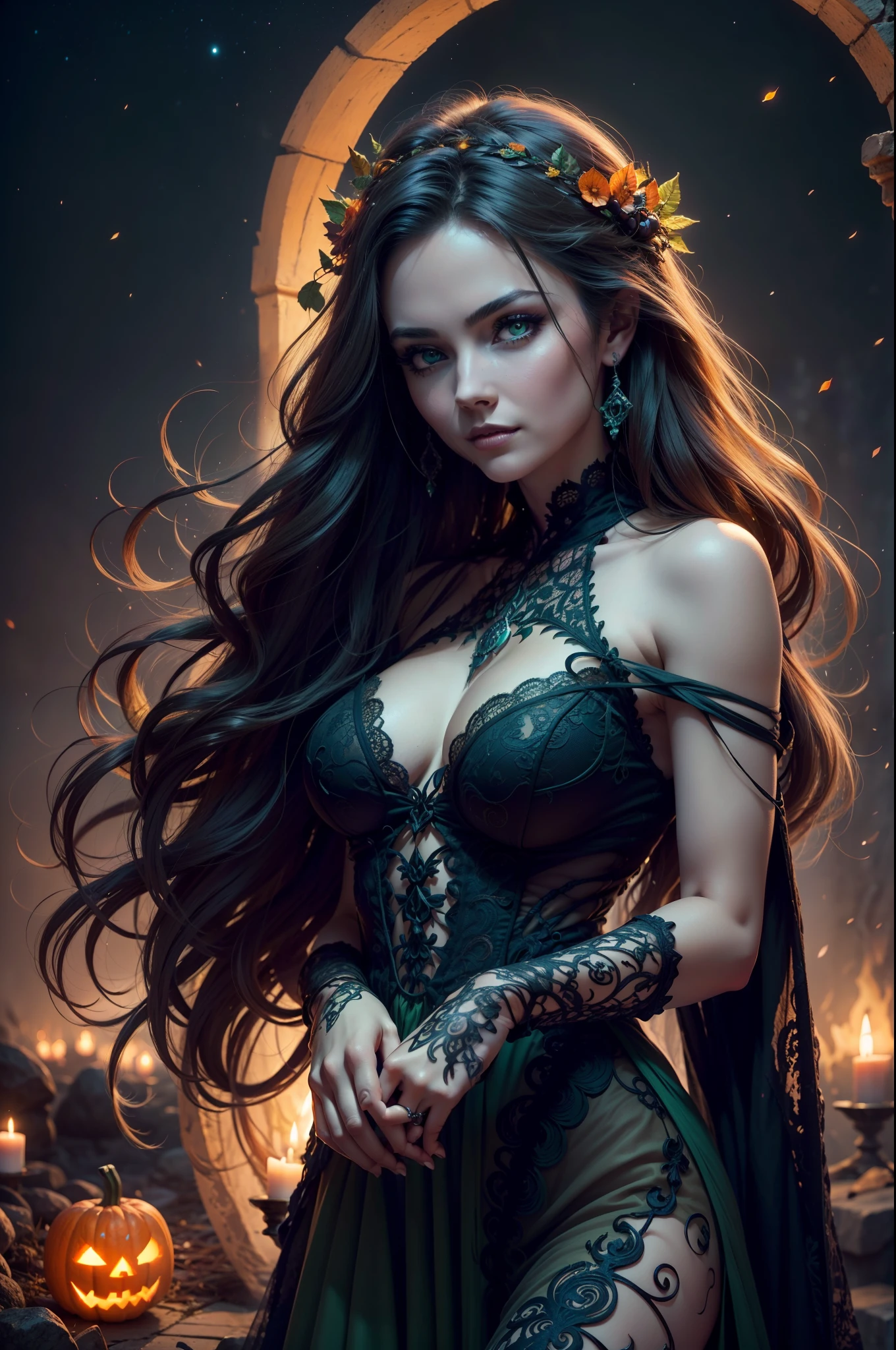 (best quality,4k,8k,highres,masterpiece:1.2),ultra-detailed,(realistic,photorealistic,photo-realistic:1.37), HDR, UHD, studio lighting, ultra-fine painting, sharp focus, physically-based rendering, extreme detail description, professional, vivid colors, bokeh, portraits, Halloween-themed, autumnal color palette, glowing Jack-o'-lanterns, spooky atmosphere, misty streets, cobblestone roads, ancient buildings, moonlit sky, intricate lace patterns on the woman's dress, vibrant orange, deep green, and eerie green hues, intricately carved pumpkins, flickering candlelight, mystical fog, leaf-covered ground, wind-blown leaves, hauntingly beautiful expression on the woman's face, exquisite makeup, long flowing hair, mesmerizing green eyes, darkened shadows, captivating smile, magical aura, enchanted woodland creatures, bats flying in the night sky, spiderwebs glistening in the moonlight, mystical symbols and runes, spellbinding pose, captivating gaze, mysterious background figures, bewitching charm, timeless beauty.
