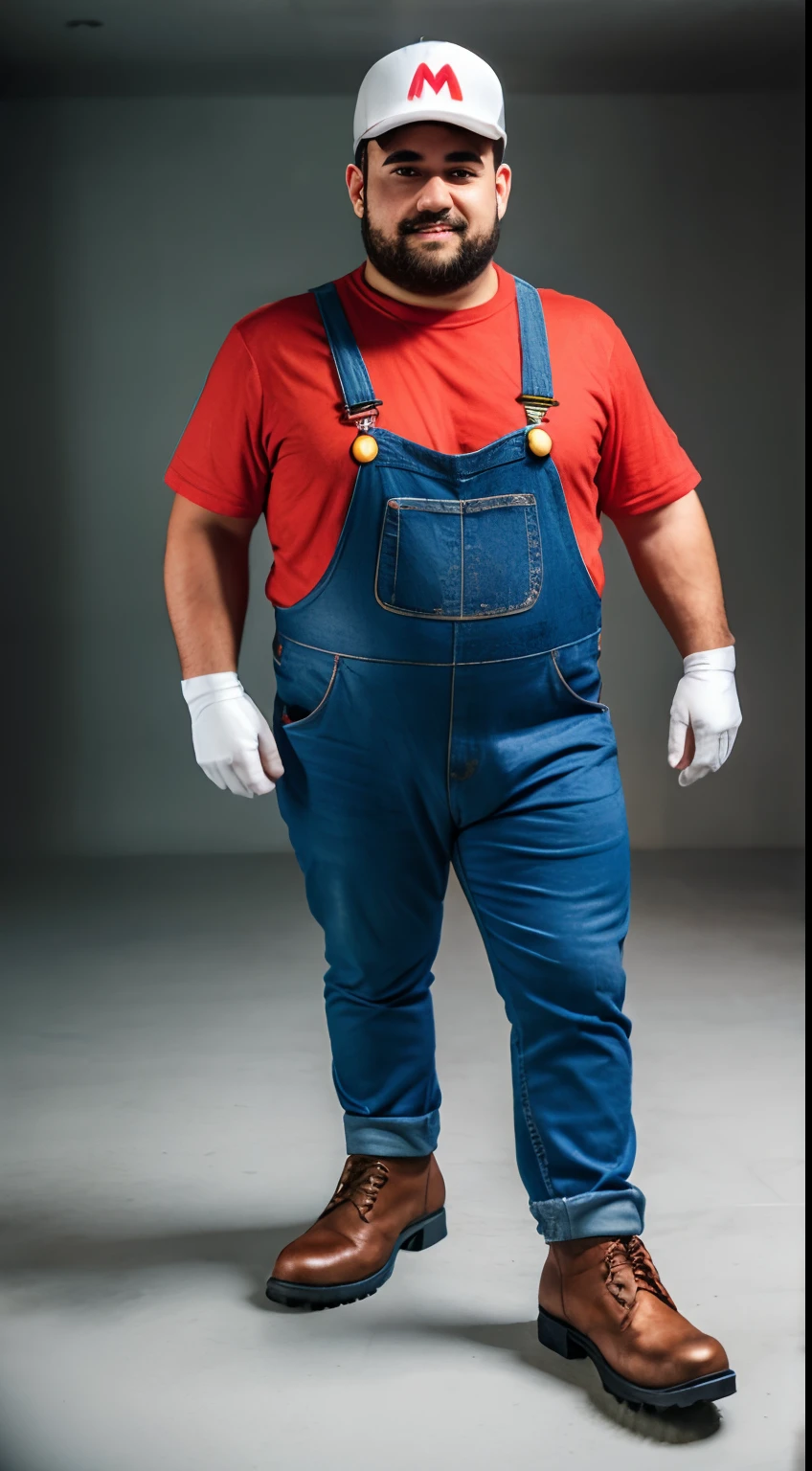 mario, italian guy, 20s age, brown hair, dark brown mustache, beefy chubby body, bulge, full body shot, masterpiece, vivid colors, physcially-based rendering, ultra-fine painting, professional, best quality, realistic, portraits, full outfit, hat, red shirt, blue overalls, white gloves, brown shoes, famous character, video games, pixelated background, brick blocks, power-up items, super mario bros.