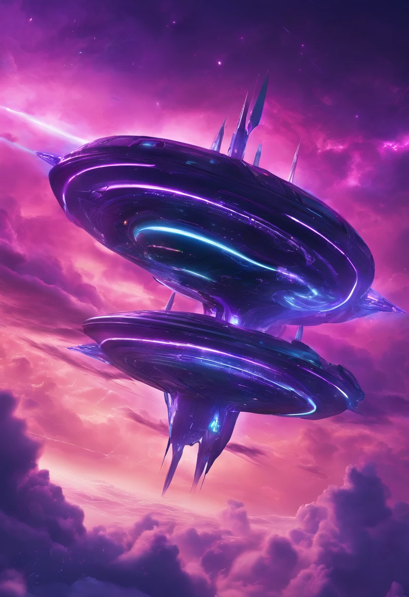 Futuristic alien spaceships flying abovethe clouds, dark sky, purple lighting, rain,lightning, hyper realistic, highly detailed,8k