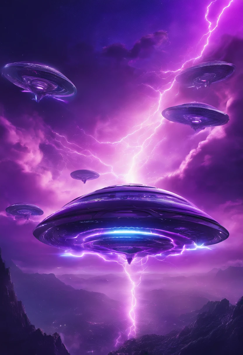 Futuristic alien spaceships flying abovethe clouds, dark sky, purple lighting, rain,lightning, hyper realistic, highly detailed,8k