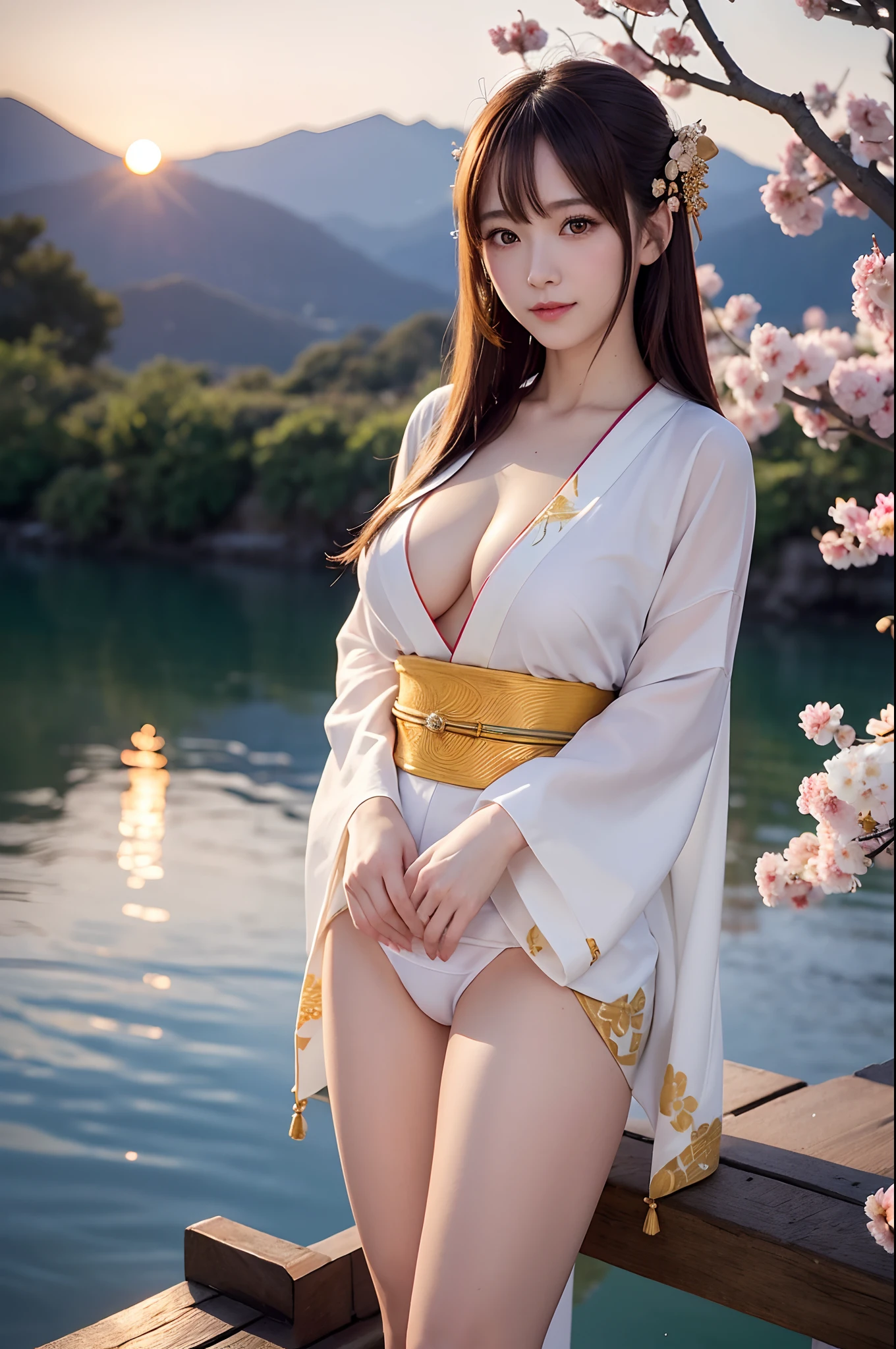 asuna, masterpiece, best quality, detailed, (1girl), solo, detailed golden eyes, long hair, standing, close to viewer, (detailed kimono), light smile, medium breasts,  (arms behind back), water, sunset, (hair ornament), (Sakura bloom),  snow mountain lake in the background, open v chest clothes, big boobs, nsfw, bare legs