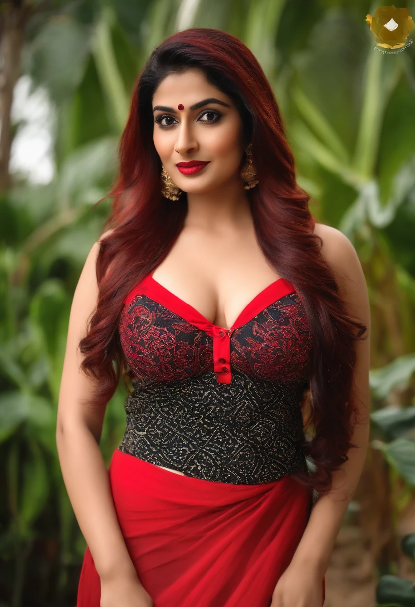 Indian television actress urfi javed naked with very huge boobs in a tight red bikini with red lipstic and red hair