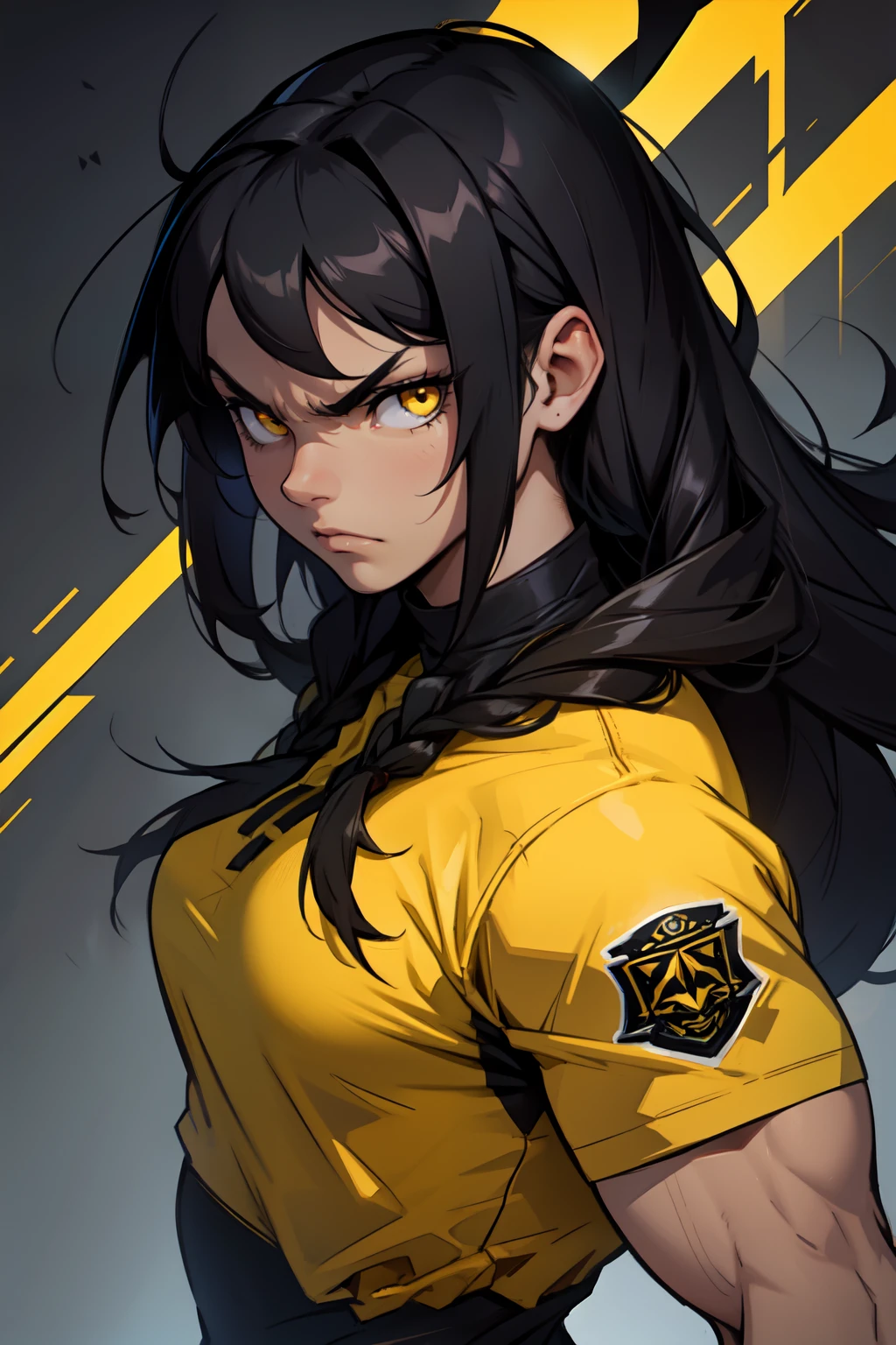 (1 girl bodybuilder) black hair very long hair yellow eyes pale skin angry