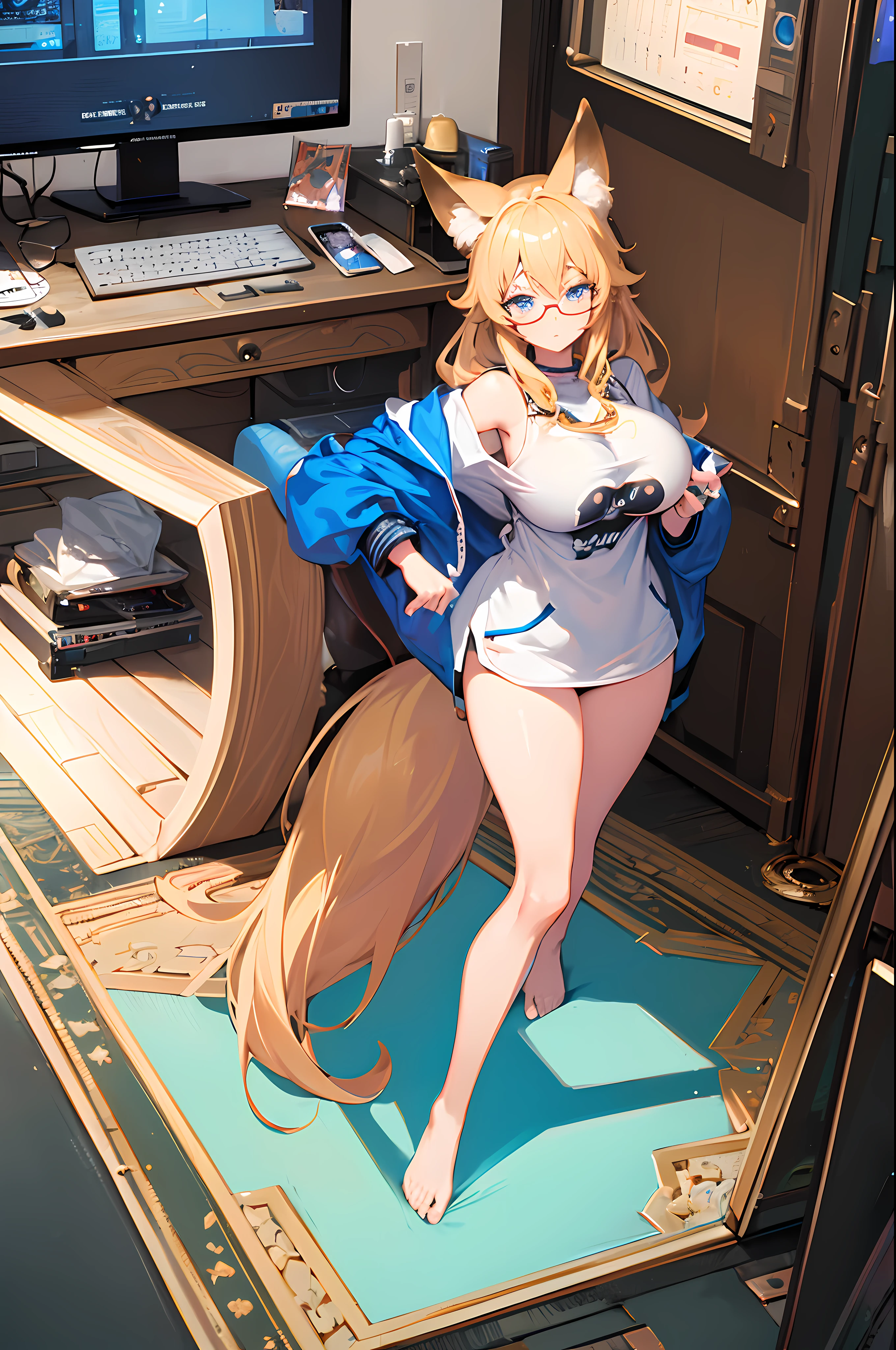 (Masterpiece, best quality, beautiful eyes, highly detailed, high res, anime), 1 girl, fox ears, fox tail, blond hair, blue eyes, big round glasses, hoodie, no underwear, , massive breasts, mature women, nerd, NEET, tiered, gamer girl, SFW, at home, room, PC, Computer, Gaming,