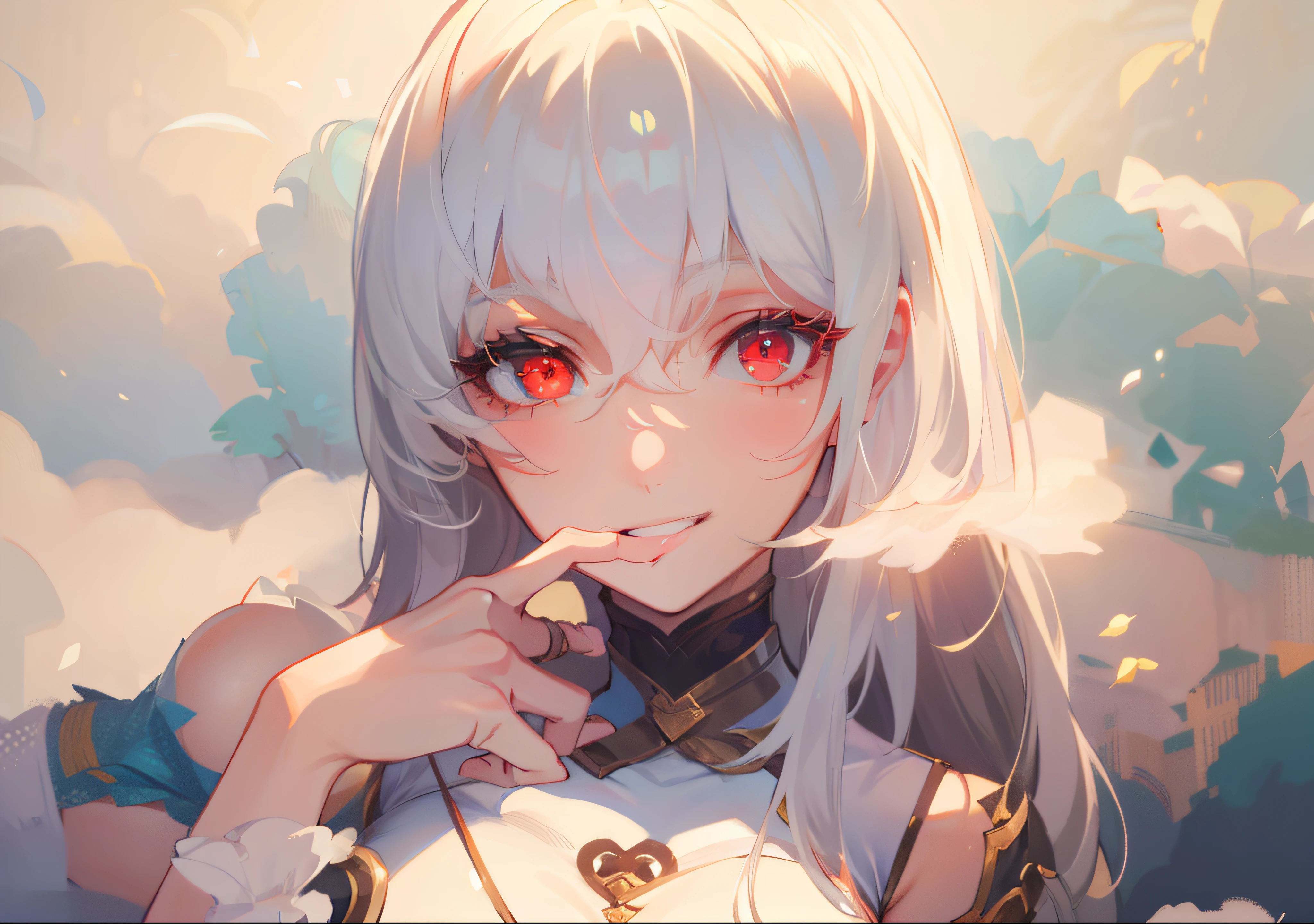 DETAILED, DENSE, MASTERPIECE, one girl, beautiful, 22 years old, smooth skin, glowing skin, glowing hair, clear eyes, glowing eyes, red eyes, soft lips,(viewer Looking down: 0. 8) smiling slightly, cheeks stained, mouth open, one girl, soft skin, large breasts, glowing skin, (Masterpiece: 1.0), (Realistic: 1.6), (Soft Focus: 1.5), full body, big lips, sexy face, sharp eyes, grin, skinny waist, (((skinny waist))), white hair, big boobs, mouth open, tounge, finger in mouth, looking at viewer
