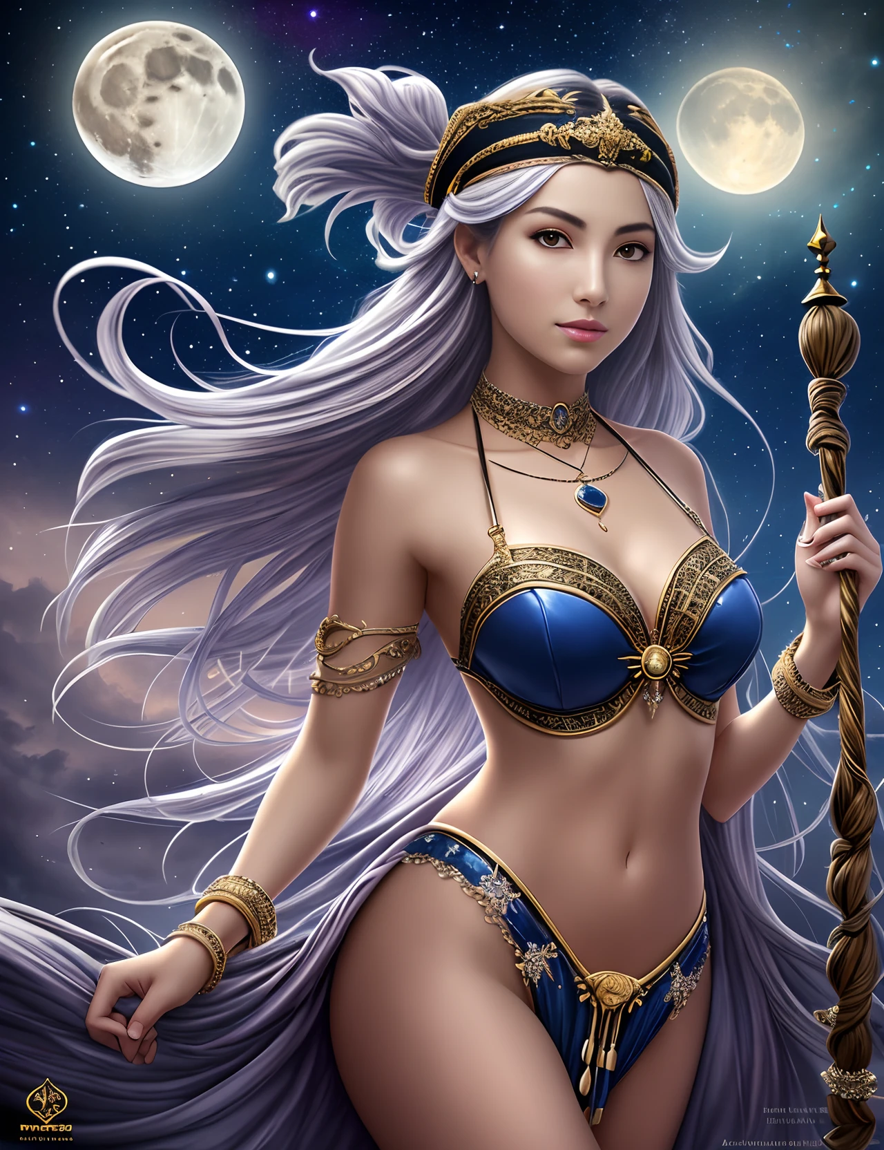 high quality, 8K Ultra HD, highly detailed, Meet the Moonlit Pirate Maiden, a mesmerizing 20-year-old girl with an ethereal beauty that rivals the stars. She stands at the prow of the majestic pirate ship, her silhouette outlined against the twinkling night sky on the moon-like planet, The ship itself is a breathtaking masterpiece, adorned with intricate carvings, gleaming brass fittings, and an array of mystical symbols, The Moonlit Pirate Maiden's attire is a dazzling blend of midnight blues and silvery hues, adorned with delicate lace and shimmering gemstones, A star-like pendant hangs gracefully around her neck, accentuating her enchanting presence. Her windblown hair cascades like liquid silver, reflecting the moon's soft glow, With an air of elegance and a touch of mystery, the Moonlit Pirate Maiden exudes a captivating aura, by yukisakura, Standing at the helm of the ship, she is a vision of grace and bravery, --auto --s2