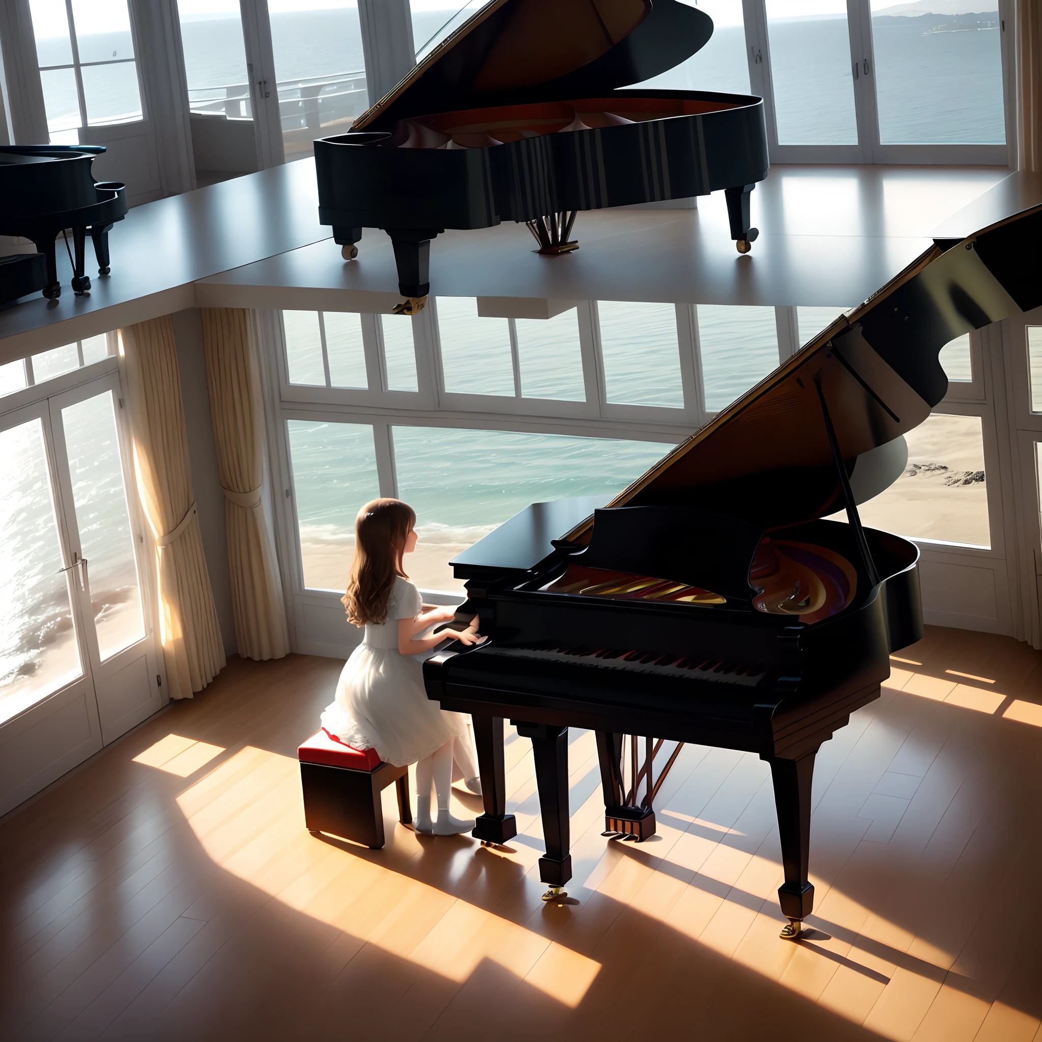 Sunlight, Floor-to-ceiling windows, Grand piano, Girls, Sea view