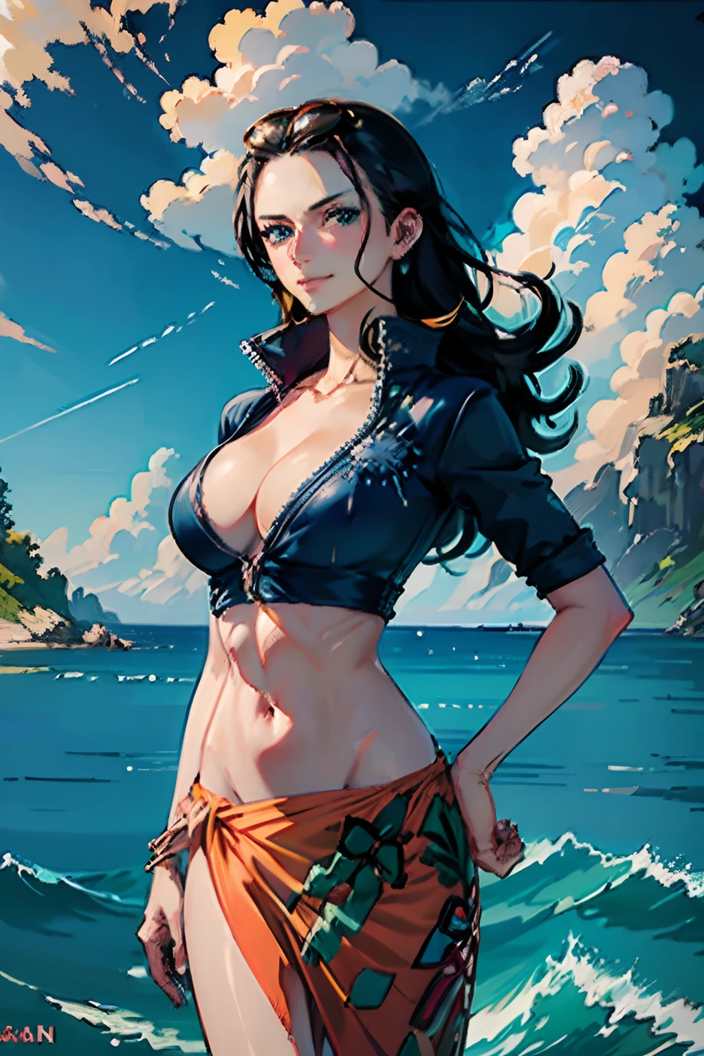 (((masterpiece))), NicoRobin, 1girl, solo, full body, long hair, looking at viewer, smile, blue eyes, large breasts, black hair, navel, holding, cleavage, closed mouth, standing, collarbone, jacket, short sleeves, cowboy shot, outdoors, sky, day, midriff, cloud, water, stomach, blue sky, crop top, groin, hand on hip, ocean, sunglasses, eyewear on head, zipper, cropped jacket, high collar, unzipped, sarong, hair slicked back, partially unzipped, print sarong,