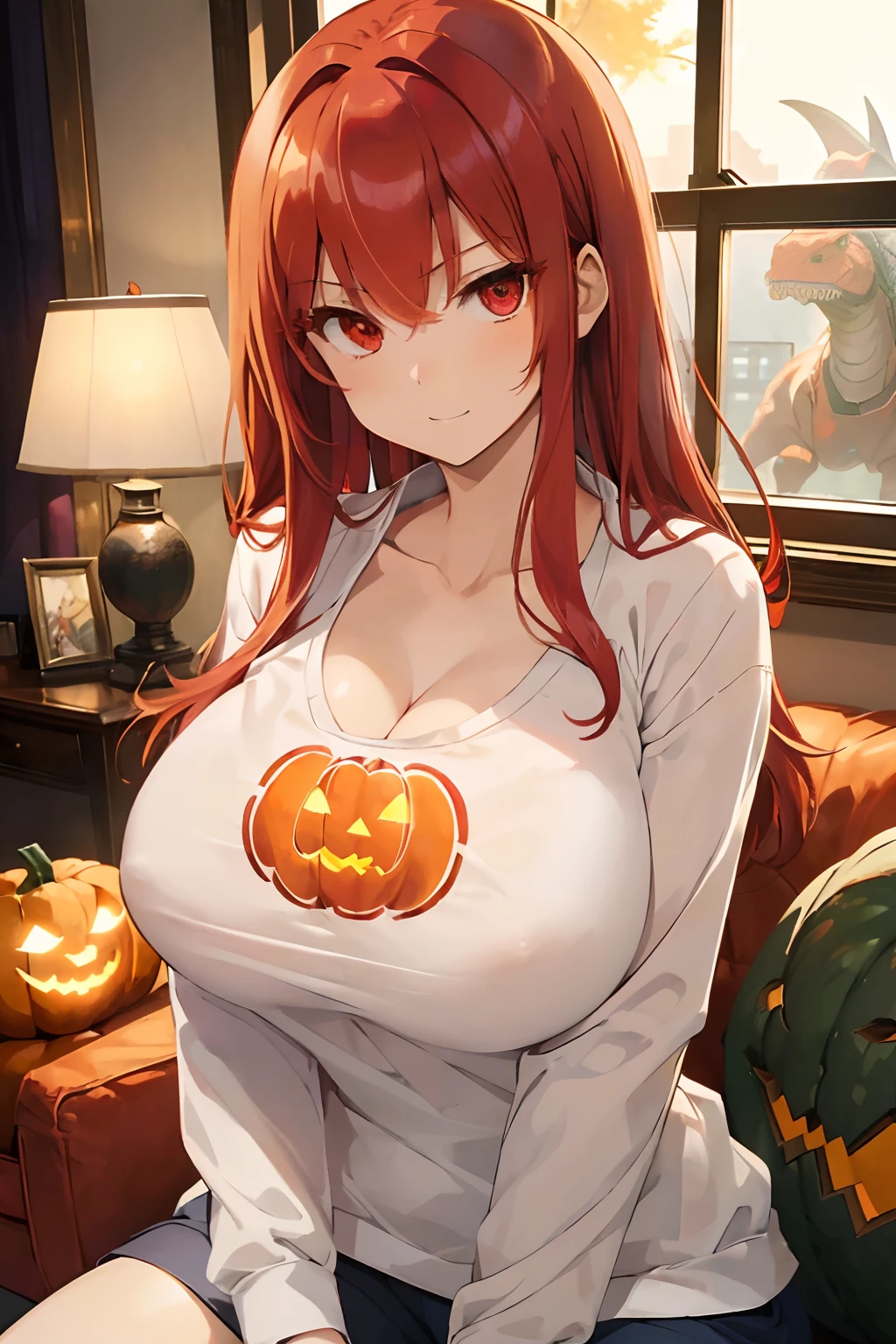 masterpiece, best quality, finely detailed, 1girl, (red hair), (bishoujo), cute, (red eyes), sharp teeth, (eyelashes), (huge breasts), (cleavage), (white shirt with pumpkin print:1.2), , green dinosaur sweatshirt, sitting on a sofa, lamp, window, night, delicate interior design,