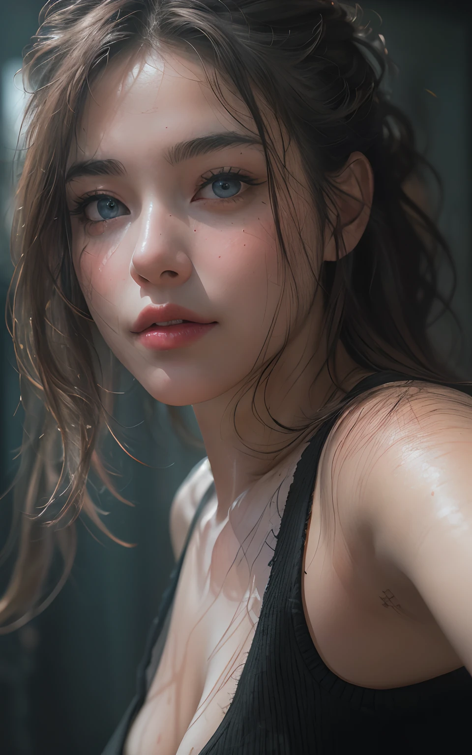 8K,Best quality, masterpiece, ultra high res, (photorealistic:1.4), raw photo, (Authentic skin texture:1.3), (film grain:1.3), (selfie angle),1girl,beautiful detailed eyes and face,masterpiece, best quality,upper boddy shot portrait, (gorgeous woman), black tanktop