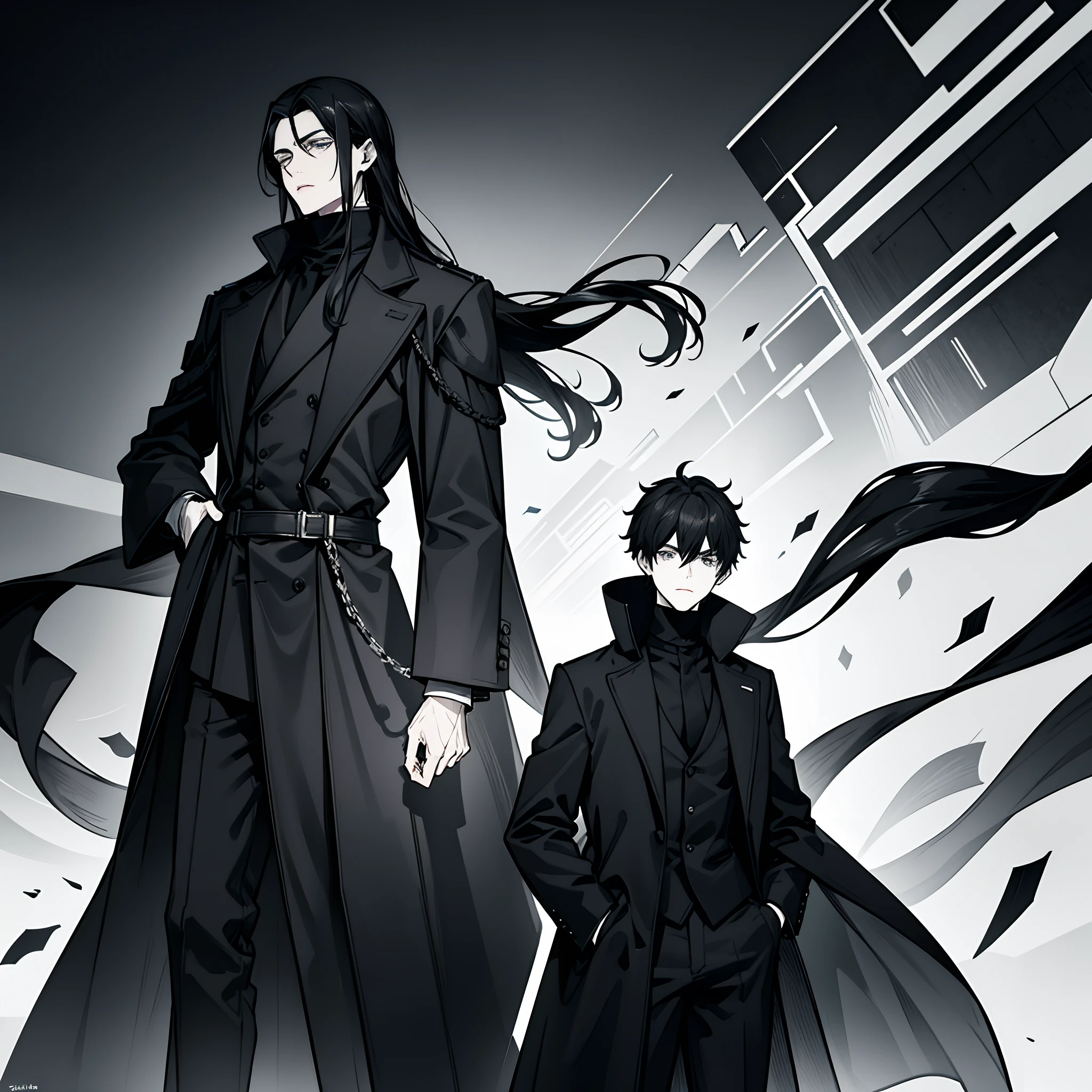 male,adult,matur,tall,black long coat,black sweater with turtleneck,pale skin,black eyes,black hair with whiite tips,tired eyes,thin eyes,hands in pockets,half body