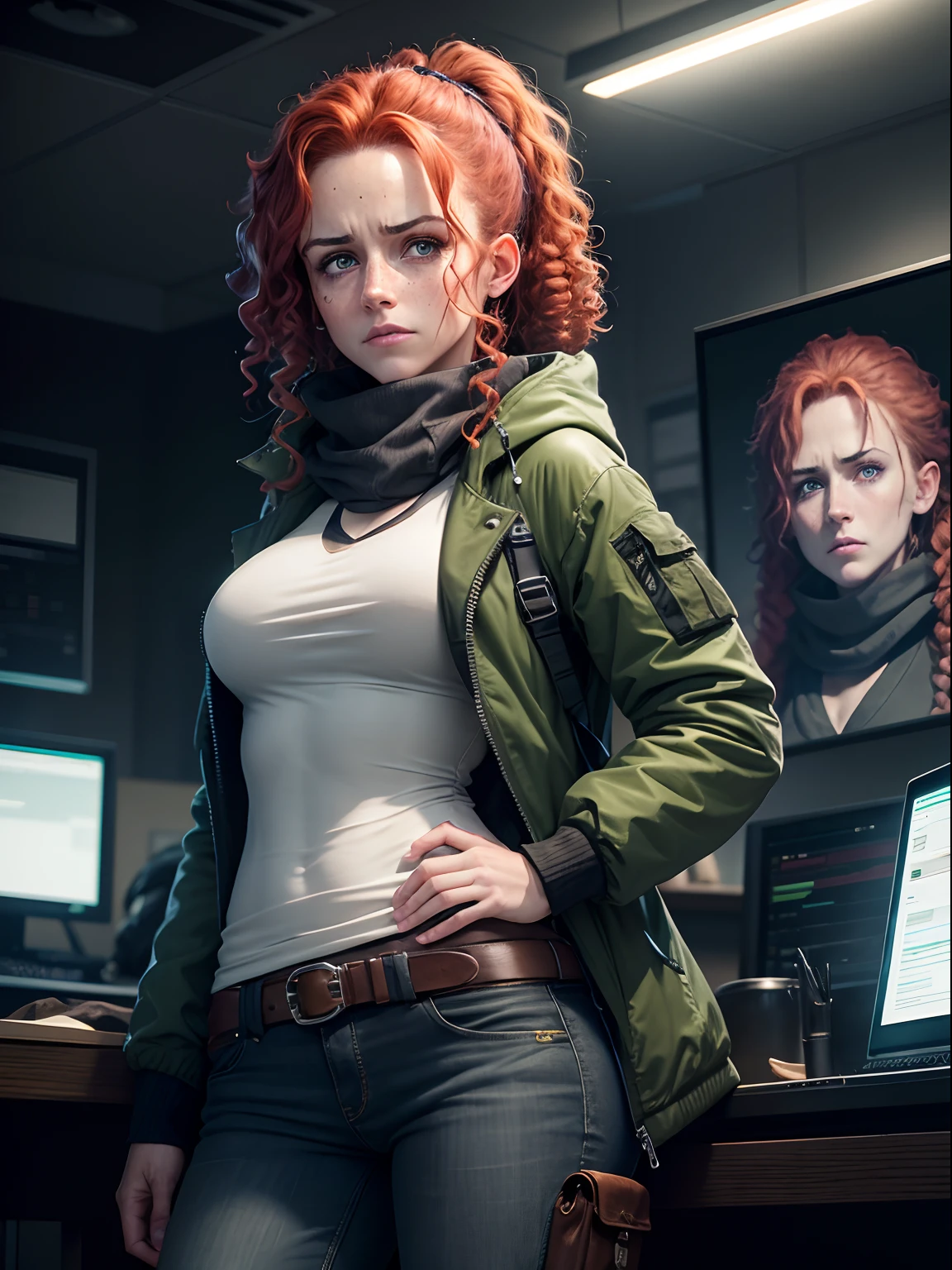 Dramatic lighting, very dark with only light from computer monitors, 40 year old woman, Amy Manson, red curly hair tied in ponytail, freckles, green eyes, looking straight at viewer, port-wine stain birthmark over one cheek, pale, serious, tears, jaw set, snarling, angry, frowning, teeth clenched, control room with monitors, monitors showing graphs, dressed in plain green padded jacket, black jeans, keffiyeh, grey hoodie, grey hoodie, handgun, equipment belt with holster, holding sidearm down by her hip