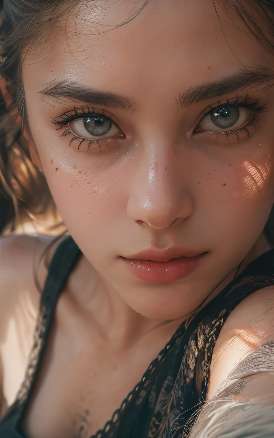 8K,Best quality, masterpiece, ultra high res, (photorealistic:1.4), raw photo, (Authentic skin texture:1.3), (film grain:1.3), (selfie angle),1girl,beautiful detailed eyes and face,masterpiece, best quality,upper boddy shot portrait, (gorgeous woman), black tanktop