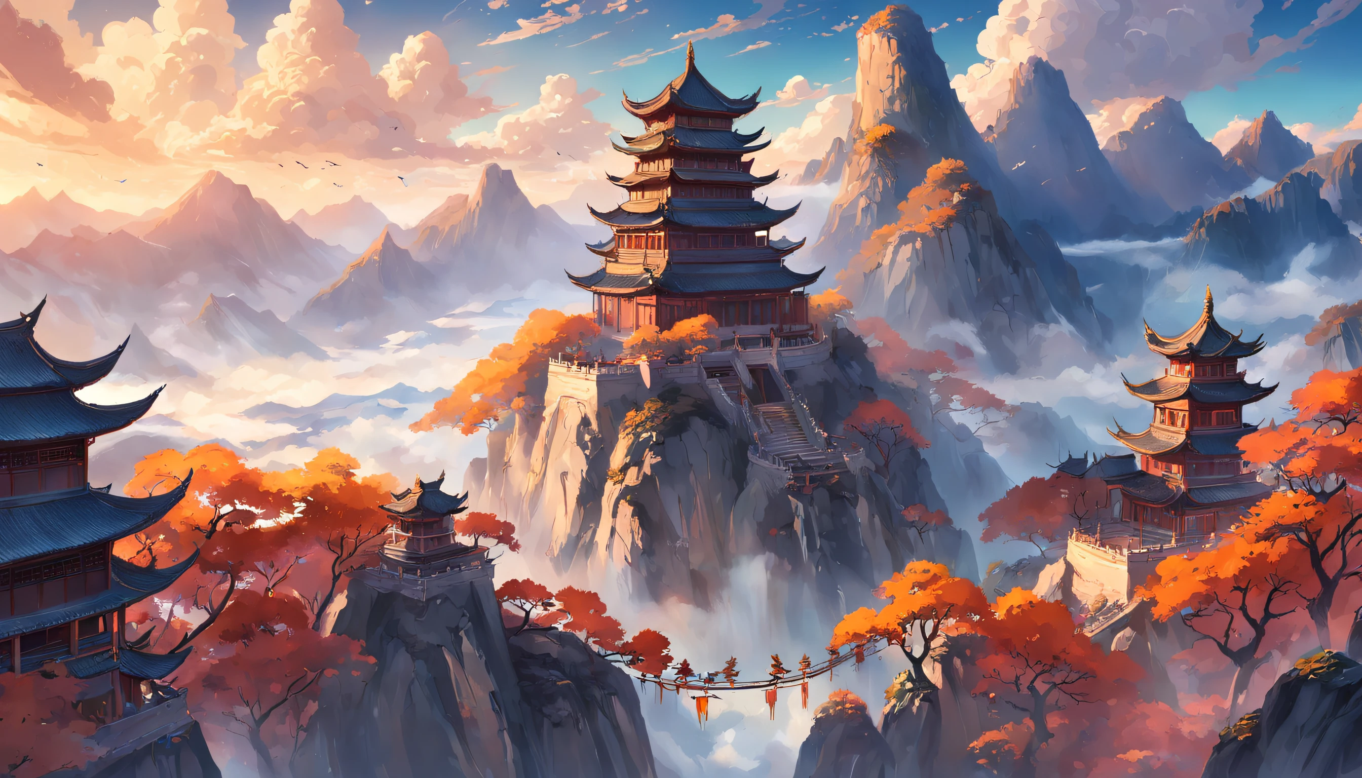 Ancient Chinese landscapes,mountain ranges,rios,Auspicious clouds,rays of sunshine,tmasterpiece,super detailing,Epic composition,hyper HD,high qulity,extremely detaile,offcial art,Unity8k wallpapers,super detailing,Intentional realm, 32k -- v 6