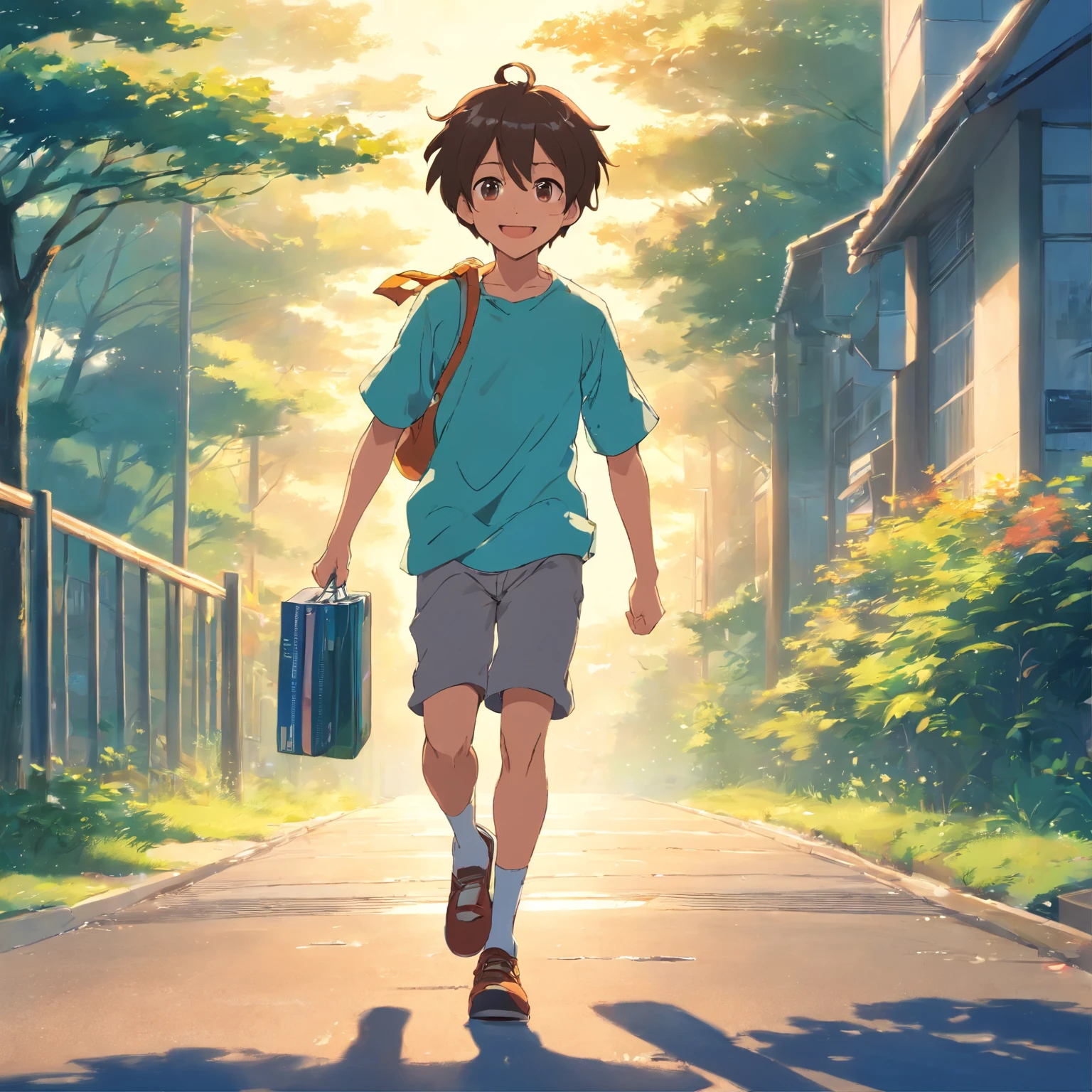An anime boy runs towards us with a smile, Background attention, Makoto Shinkai Cyril Roland, beautiful anime scenes, animated movie still, High quality animated film stills, (((author:Shinkai sincerely)), Anime landscapes, animated movie scene, author:Shinkai sincerely!, anime scene, Guweiz e Makoto Shinkai, author:Shinkai sincerely!!, Smile, blissful, Self-perspective