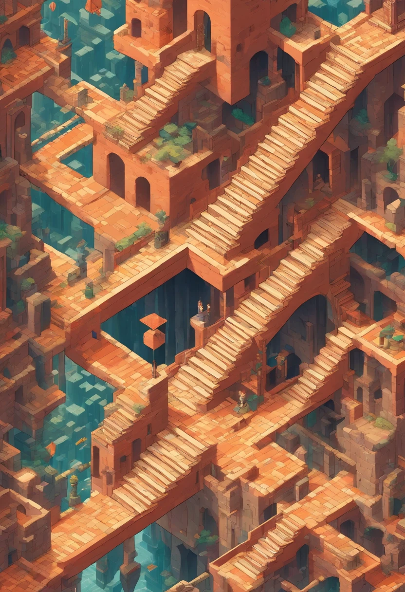 (Collapsed staircase:1.3),(Angry woman:1.3)monument valley,Ida shreds the crow,stairs from hell to heaven, Isometric art, small steps leading down, Inspired by M. c. Escher, Inspired by M.c. Escher, isometric game, Inspired by MC Escher, Step onto the tower, stairways