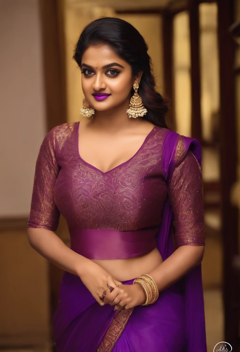 Indian actress keerthy suresh, sexy, huge boobs, huge ass, purple bikini, rosegold hair, purple lipstick