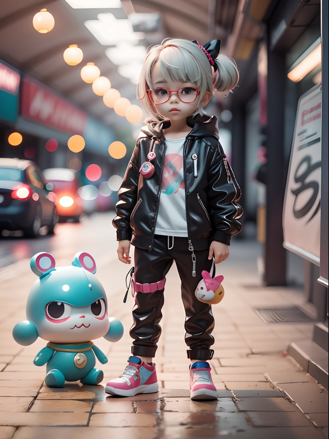 3D toy，3Drenderingof，ip，cyber punk style，tchibi，Cute **********，masks，simplebackground，Best quality at best，c4d，blender，3 d model，toys，Vivid colors，Metro style，A high resolution，A lot of detail，by Pixar，The color of the candy，Big shoes，fashionable and trendy，Artistically