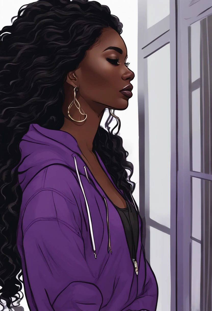 /imagine prompt: Dark-skinned girl with long black wavy hair wearing purple hoodie illustration for a sticker with a black background, em negrito estilo de contorno, bordas irregulares, Lixo, sombreamento claro --v 5.2