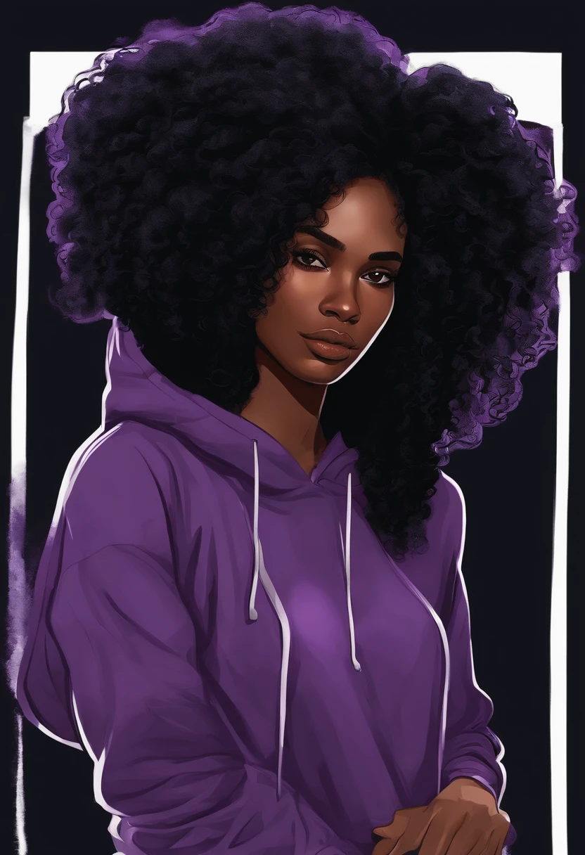 /imagine prompt: Dark-skinned girl with long black wavy hair wearing purple hoodie illustration for a sticker with a black background, em negrito estilo de contorno, bordas irregulares, Lixo, sombreamento claro --v 5.2