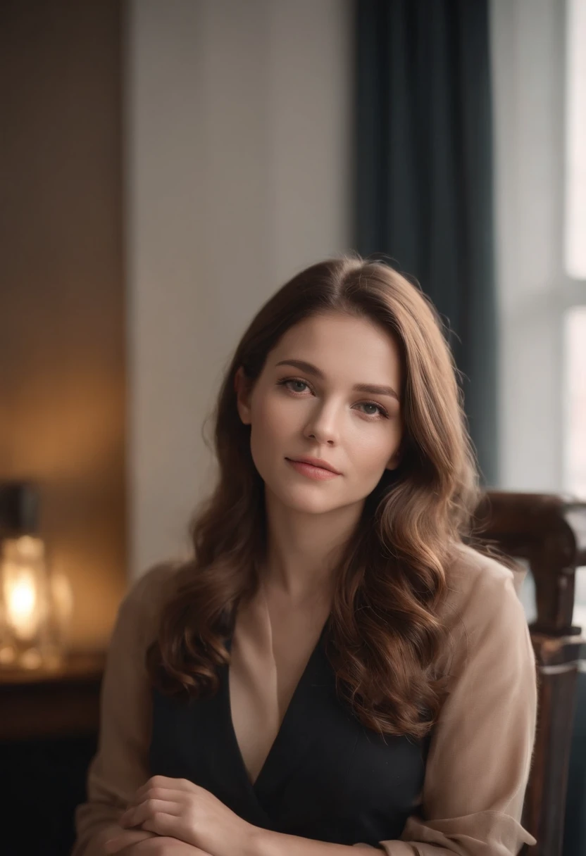 femme enceinte en (tenue de travail)，Normal Beauty, (cheveux longs), (Fulfilled Expression)，Fond de bureau, (Sitting on a chair in front of a screen),golden hour lighting, blurred background, couleurs riches, finedetail, Hyperrealistic, Relaxed atmosphere. flou naturel