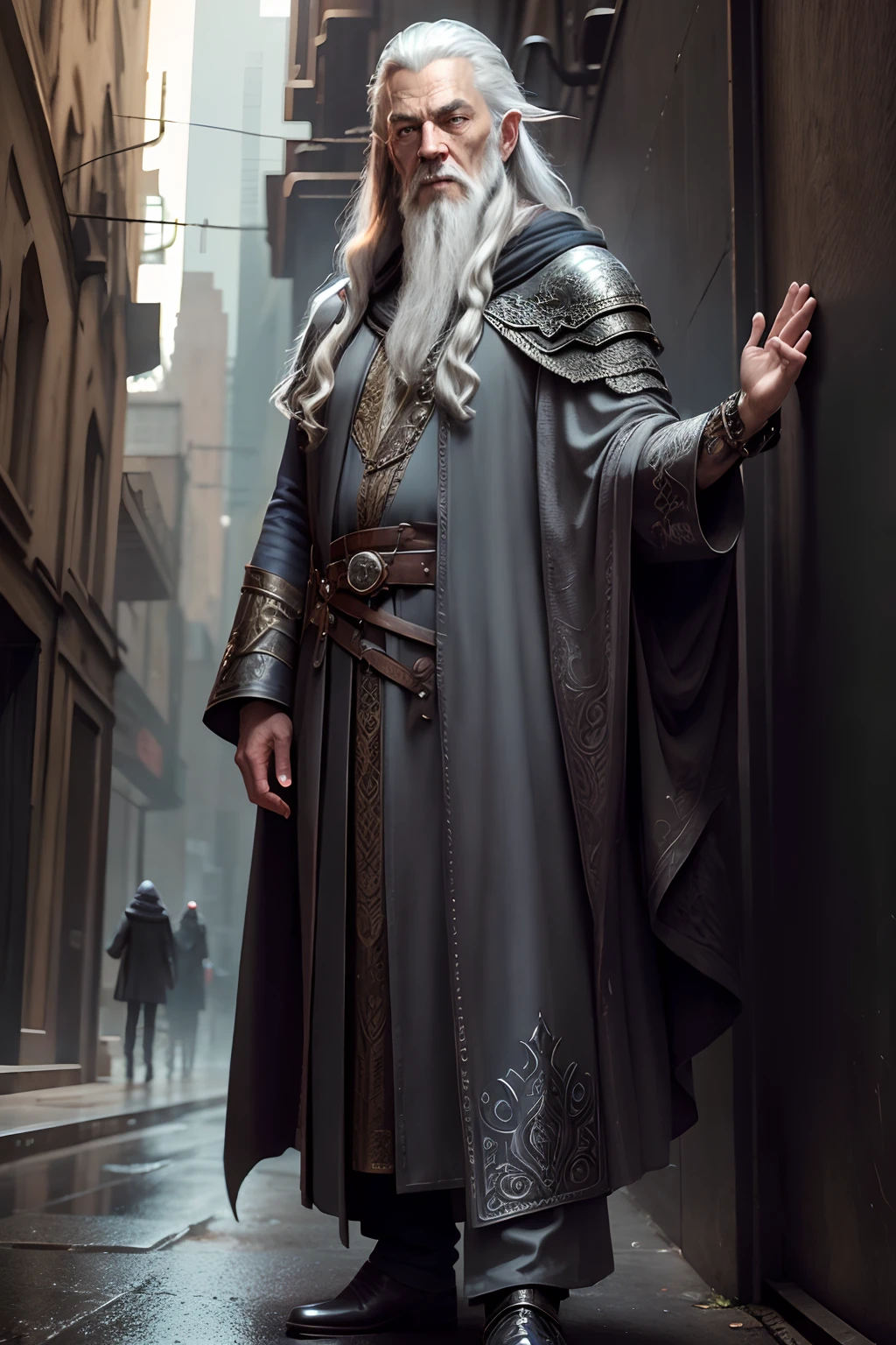 Gandalf:
In the Matrix, Gandalf's attire would be a blend of steampunk and cyberpunk elements. He'd wear a long, ornate, metallic gray robe with intricate. No hat, futuristic old hair